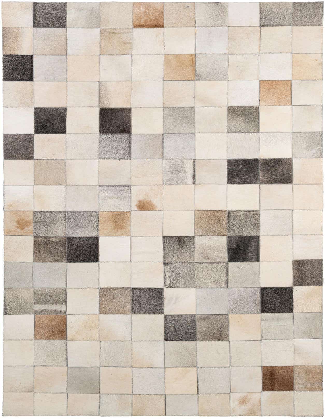 A 5x8 rectangular Cowhide Patchwork rug featuring a modern grid pattern of multi-colored squares in varying shades of brown, gray, and cream.