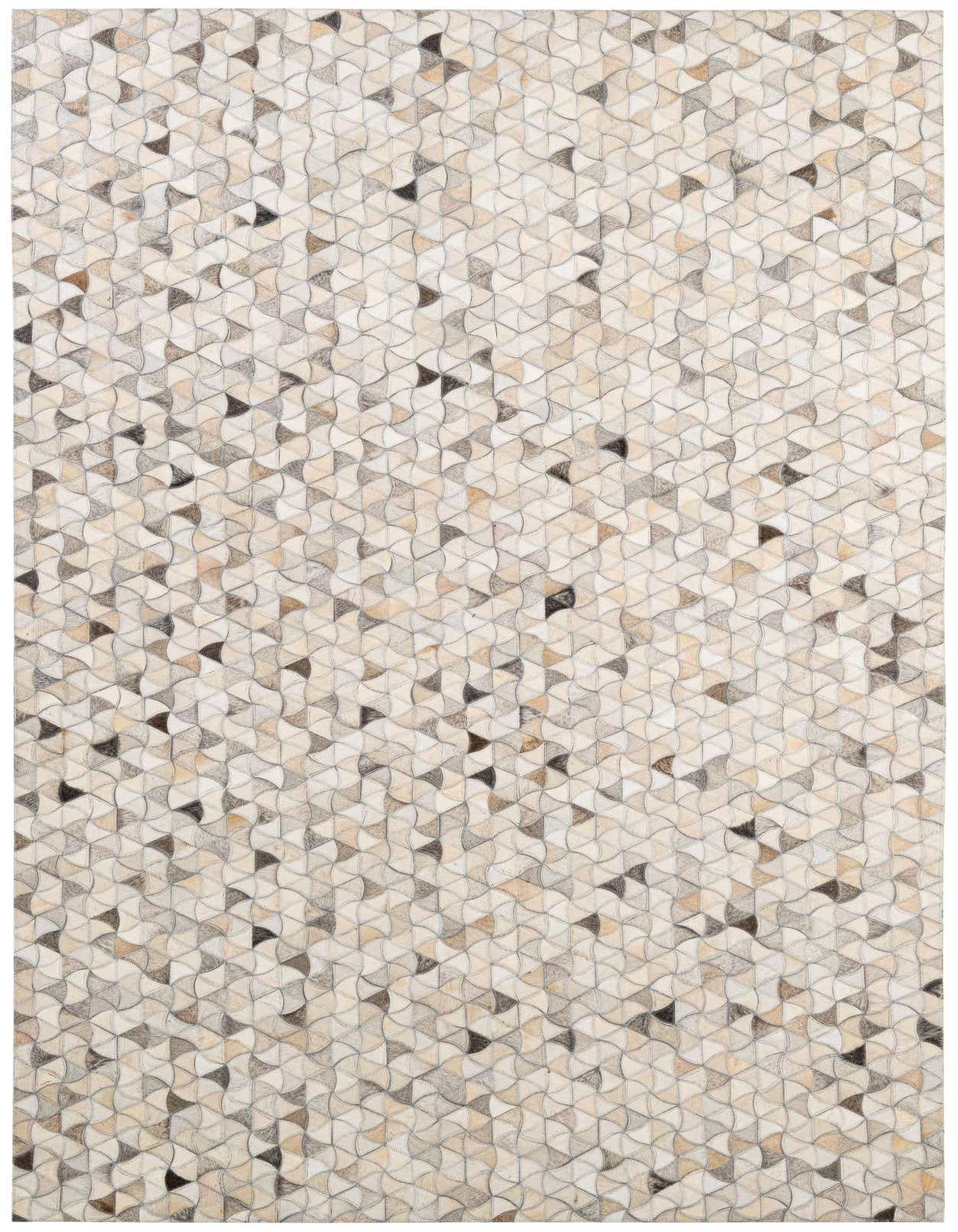 A 5x8 rectangular Cowhide Patchwork rug featuring a modern geometric pattern in multi-colored natural tones.