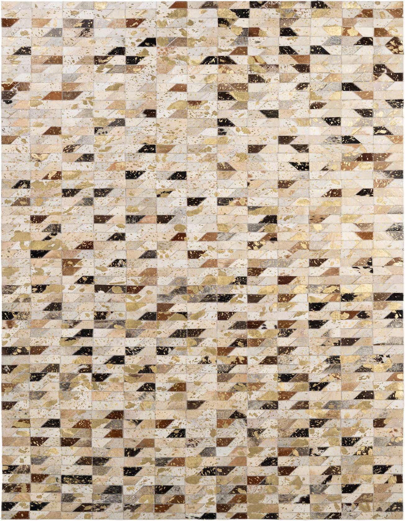A 5x8 rectangular cowhide rug with a modern patchwork design in multi-colored natural tones and metallic gold accents.
