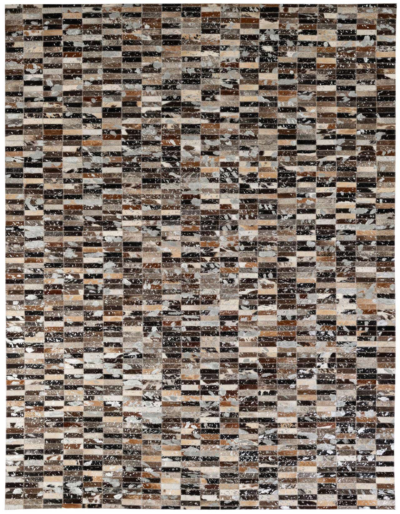 A 5x8 rectangular patchwork cowhide rug featuring a modern stripe pattern in multi-colored natural tones.