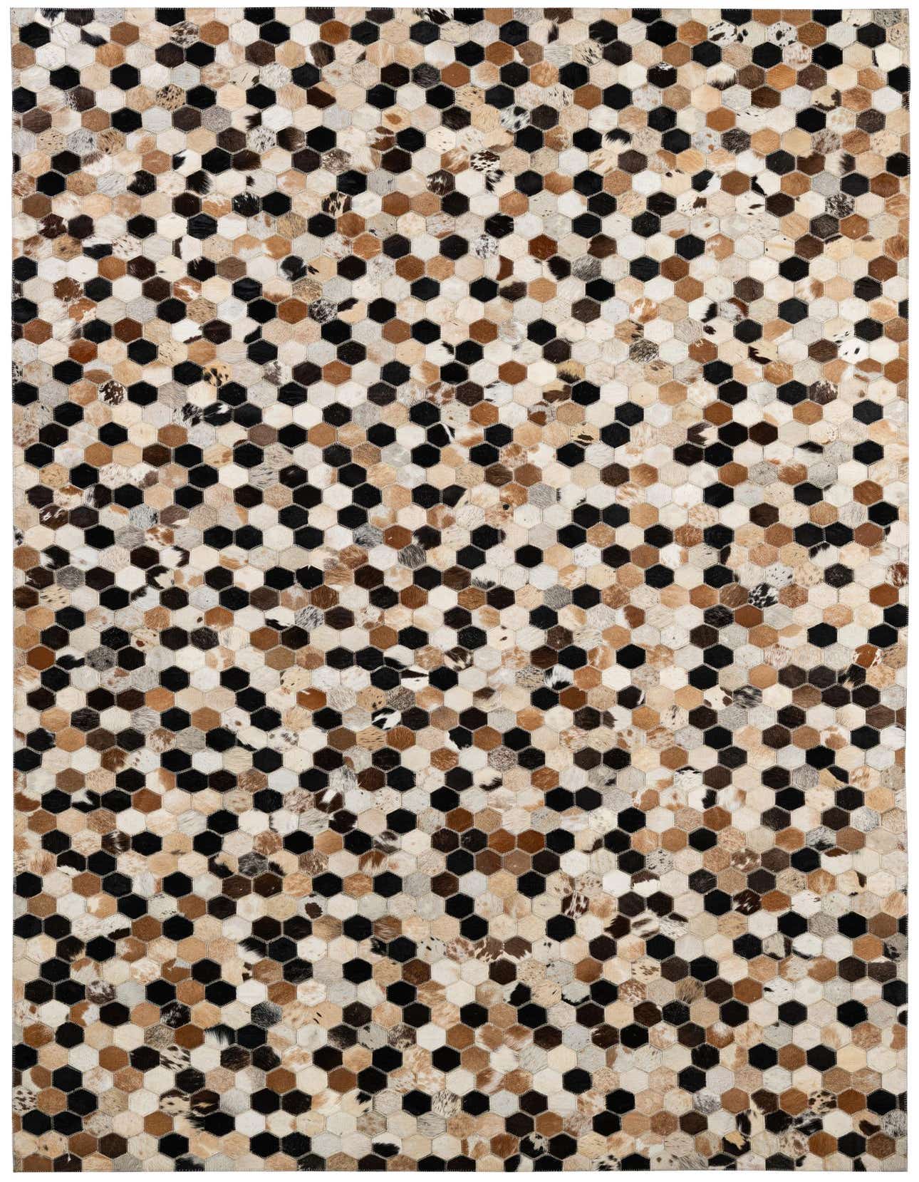 5x8 rectangular Cowhide Patchwork rug featuring a modern honeycomb pattern in multi-colored natural cowhide and black leather.