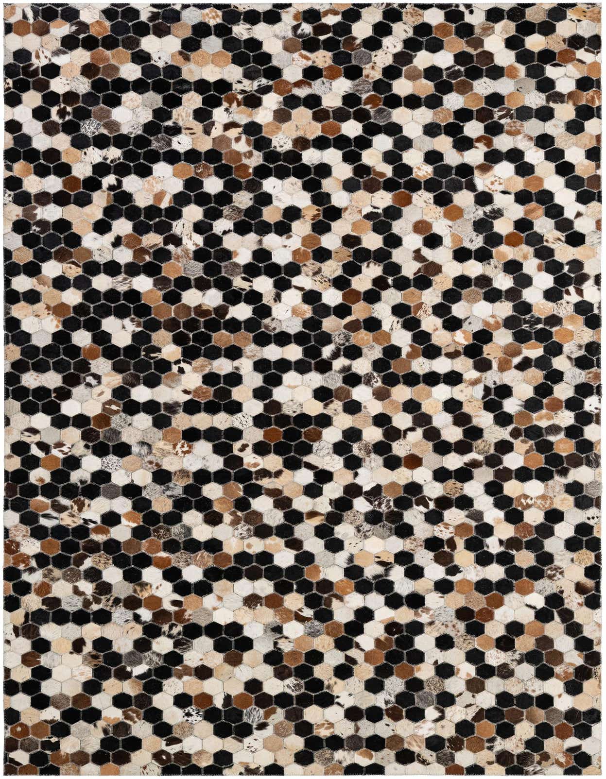 A 5x8 rectangular Cowhide - Patchwork rug featuring a modern honeycomb pattern in multi-colored natural cowhide and black leather.