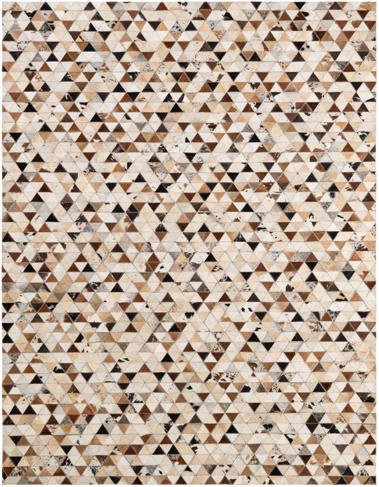 A rectangular 5x8 modern patchwork cowhide rug with multi-colored triangular pieces in various shades of brown, black, and cream.