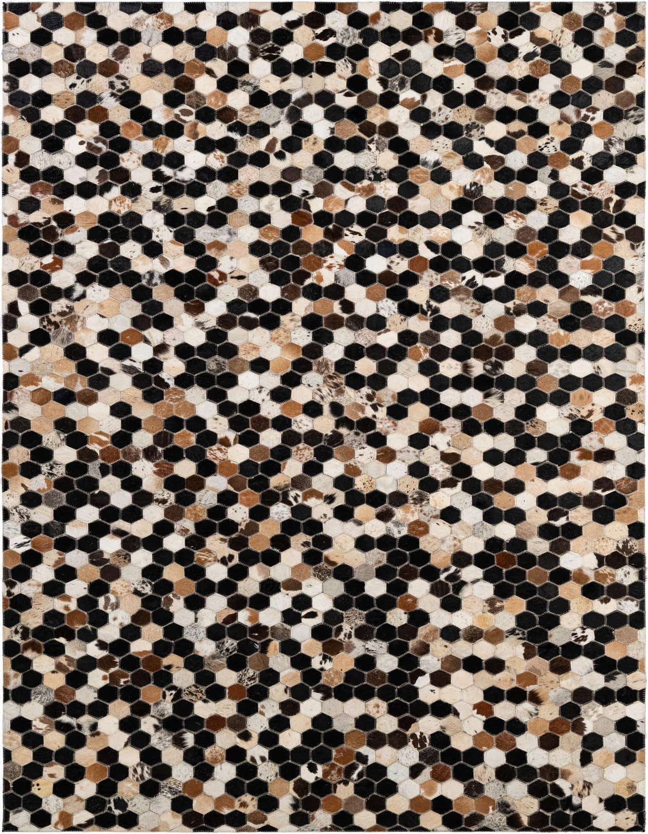 A rectangular 5x8 multi-colored cowhide rug featuring a modern patchwork hexagon pattern in black, brown, and white tones.
