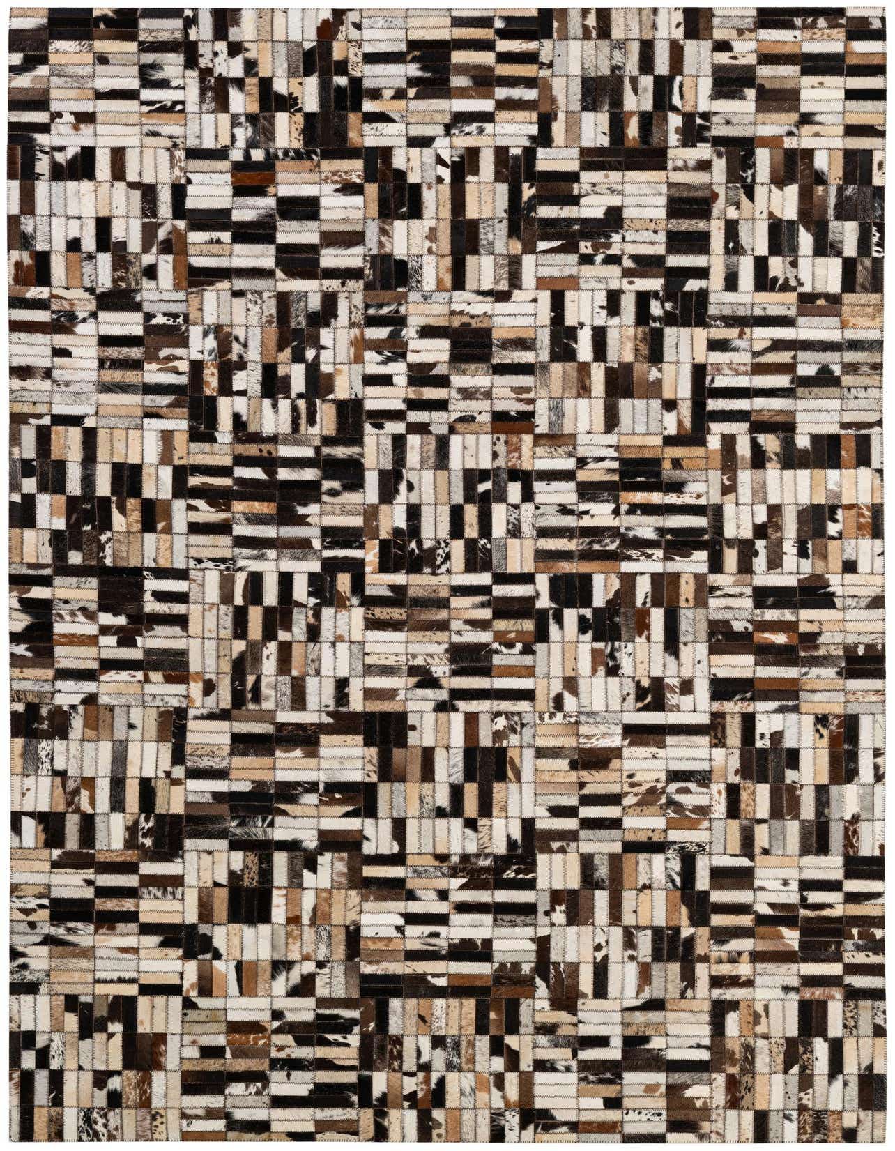 A 5x8 rectangular Cowhide Patchwork rug featuring a modern pattern of multi-colored natural cowhide and leather rectangles.