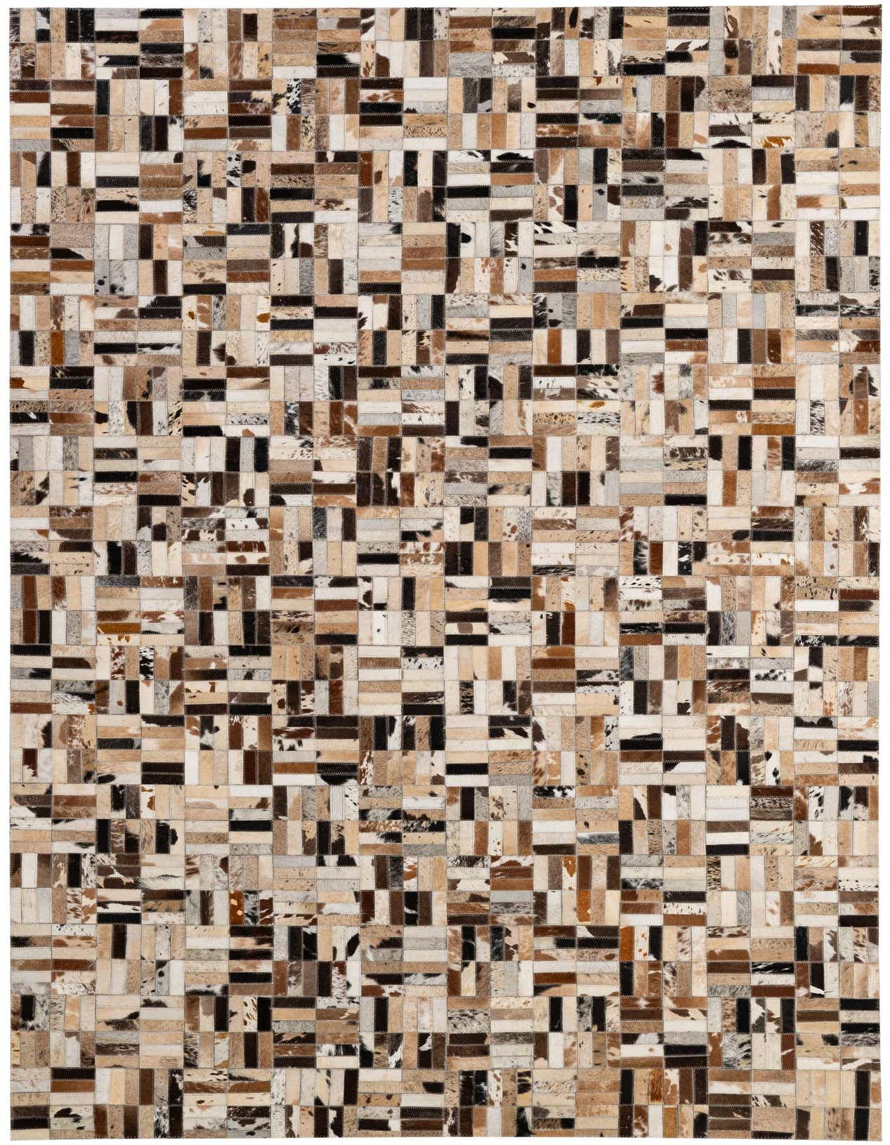 A 5x8 rectangular Cowhide Patchwork rug featuring varied natural cowhide and leather patches in brown, black, white, and beige tones.
