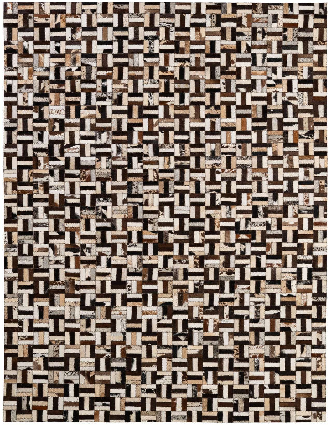 A 5x8 rectangular Cowhide - Patchwork rug featuring a modern geometric pattern in multi-colored natural cowhide and leather patches.