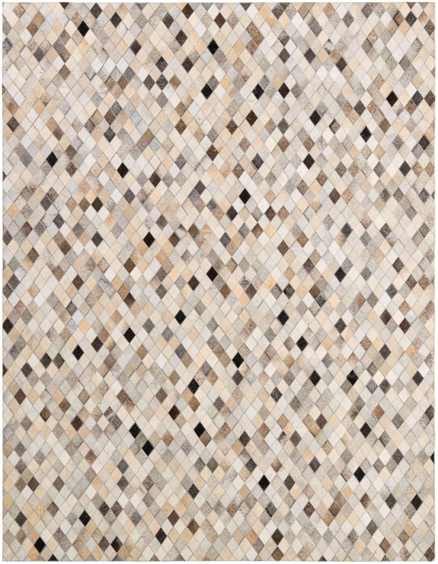 A 5x8 rectangular Cowhide Patchwork rug featuring a modern geometric pattern of multi-colored diamond-shaped leather and cowhide patches in varying shades of brown, beige, cream, and black.