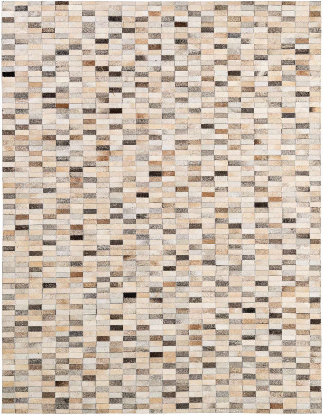 A 5x8 rectangular Cowhide Patchwork rug featuring a modern stripe pattern in multi-colored natural cowhide and leather.