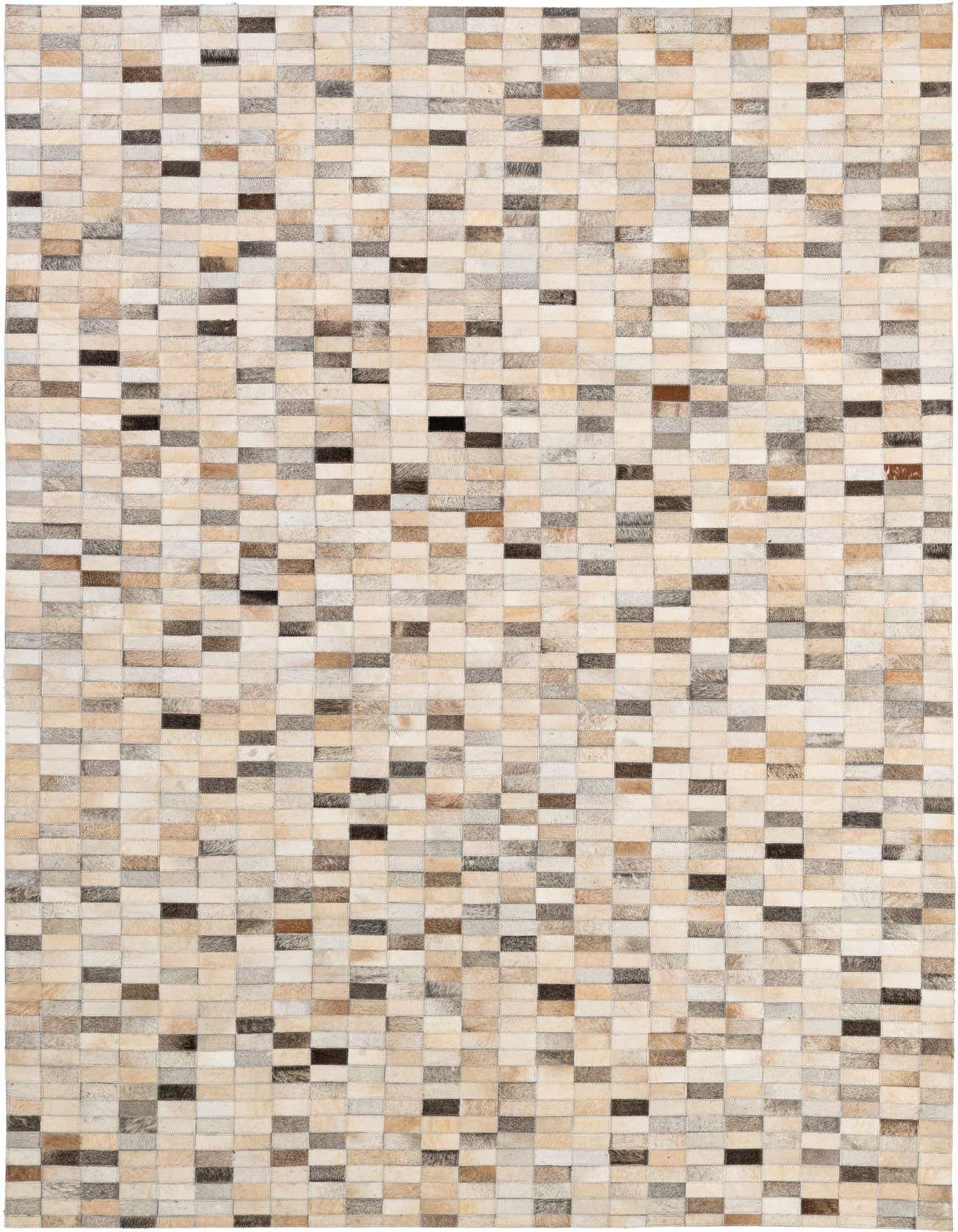 A 5x8 rectangular Cowhide Patchwork rug featuring a modern design with multi-colored squares of natural cowhide and leather.