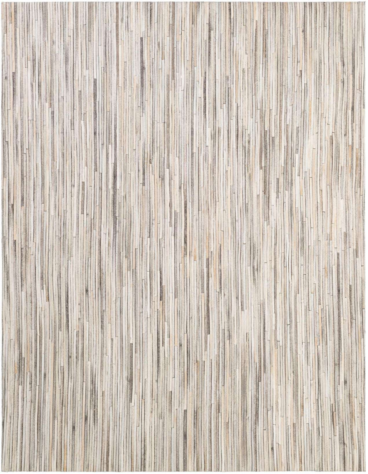 A rectangular 5x8 multi-colored cowhide rug with a modern stripe pattern, featuring varying shades of natural browns and creams.