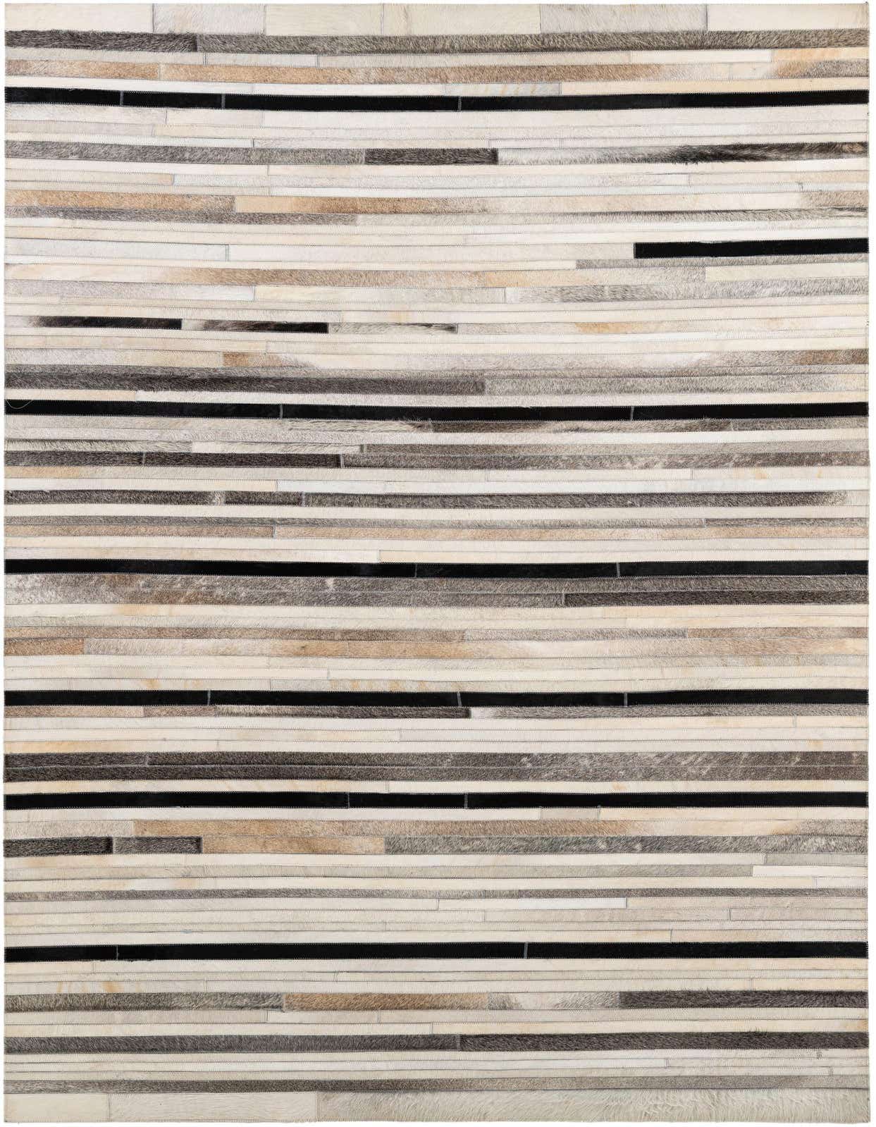 A rectangular 5x8 Cowhide Patchwork rug featuring horizontal stripes in varying shades of white, beige, gray, and black.