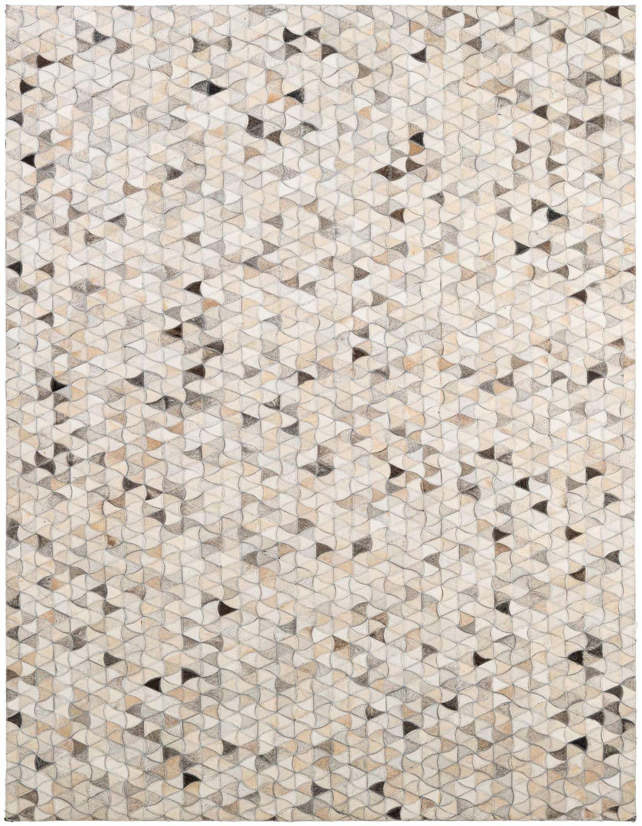 A rectangular 5x8 modern cowhide rug featuring a multi-colored patchwork of light and dark triangular shapes.