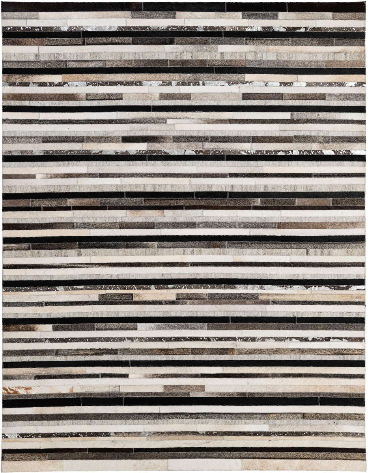A rectangular 5x8 Cowhide Patchwork rug featuring horizontal stripes of multi-colored cowhide and leather in varying shades of brown, black, white, and silver.