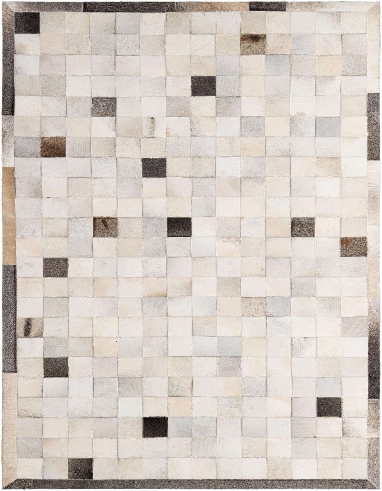 A 5x8 rectangular Cowhide Patchwork rug featuring a modern grid pattern of multi-colored squares in various shades of white, gray, brown, and black.