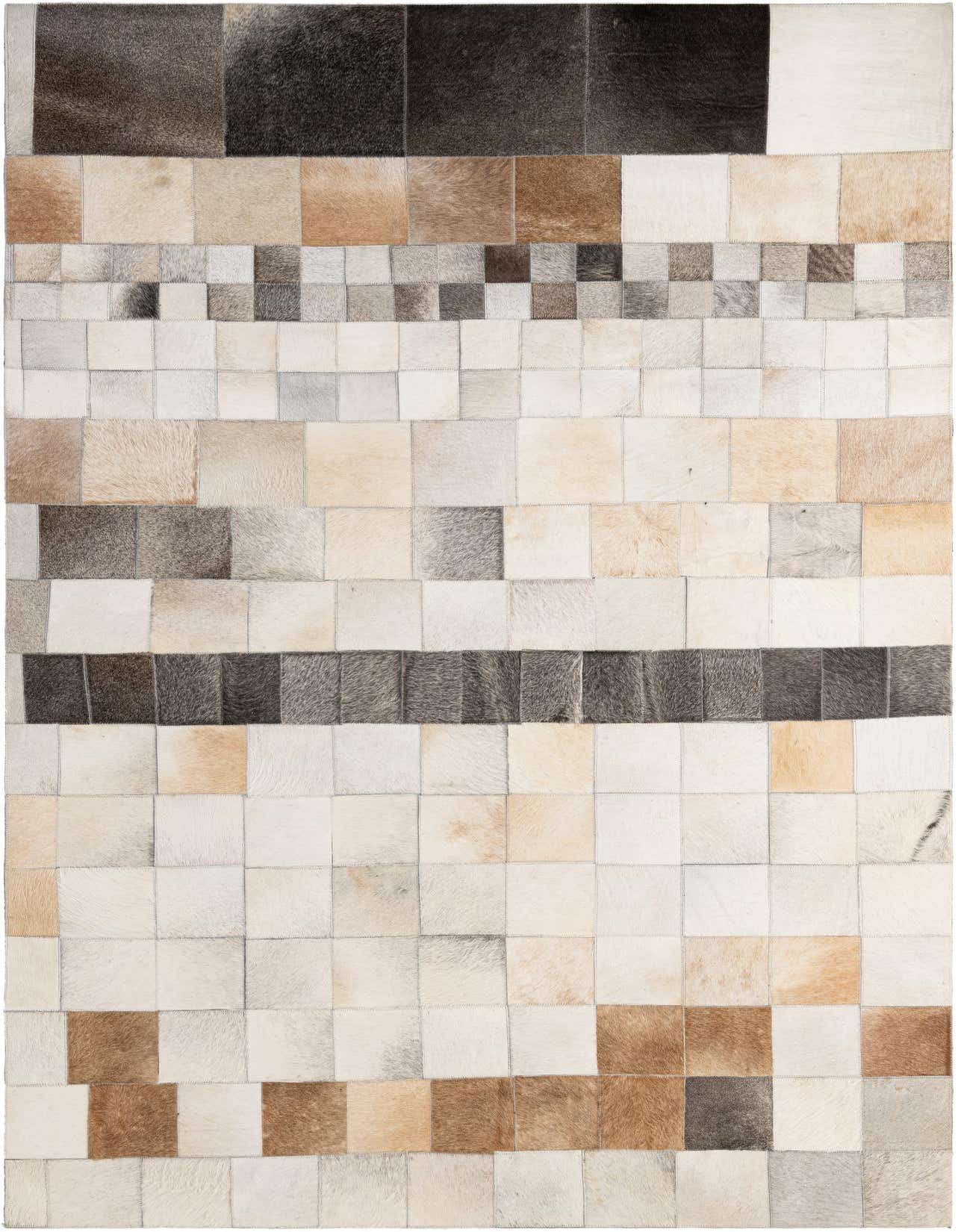 A 5x8 rectangular Cowhide Patchwork rug featuring a modern pattern of multi-colored squares in various natural brown, black, and white tones.