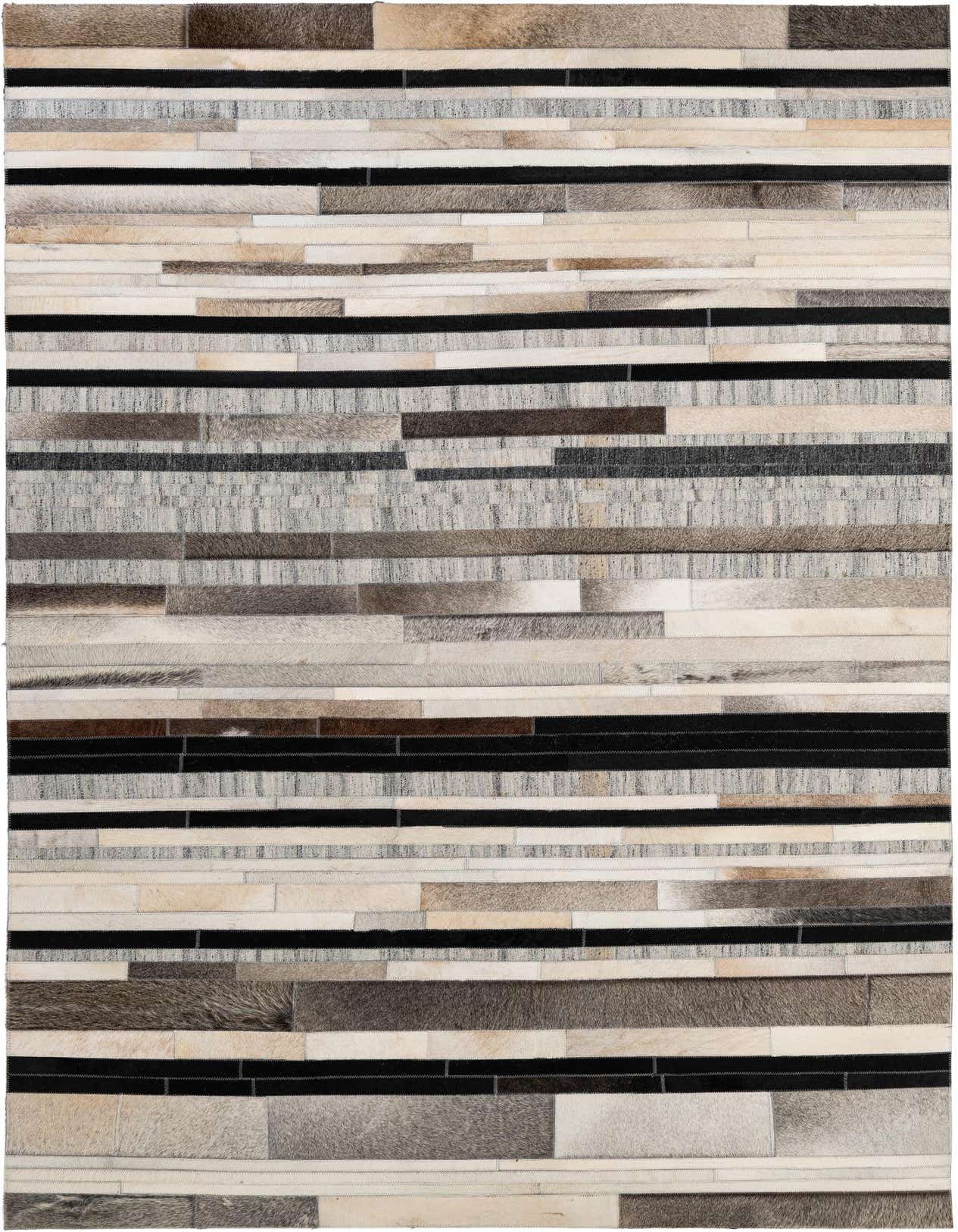 A rectangular 5x8 modern patchwork rug made from multi-colored cowhide and leather strips, featuring shades of brown, black, grey, and cream.