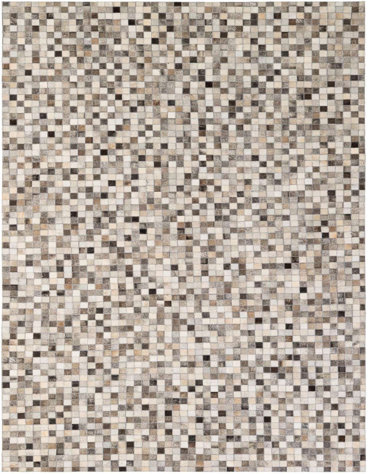 A 5x8 rectangular Cowhide Patchwork rug featuring a modern, multi-colored checkerboard pattern in natural brown, grey, cream, and black tones.