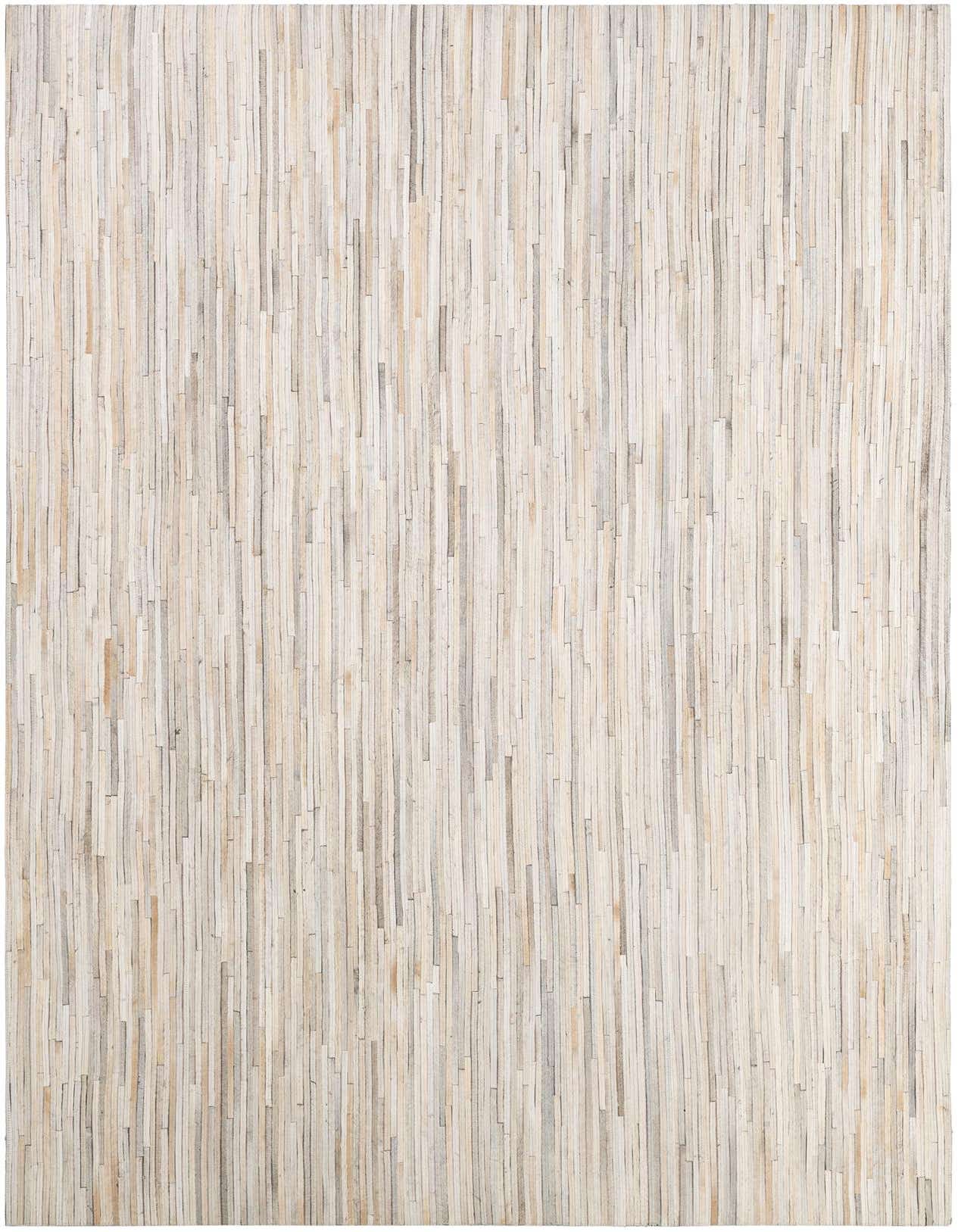 A 5x8 rectangular Cowhide - Patchwork rug featuring a modern stripe pattern in multi-colored natural tones, ideal for a living room.