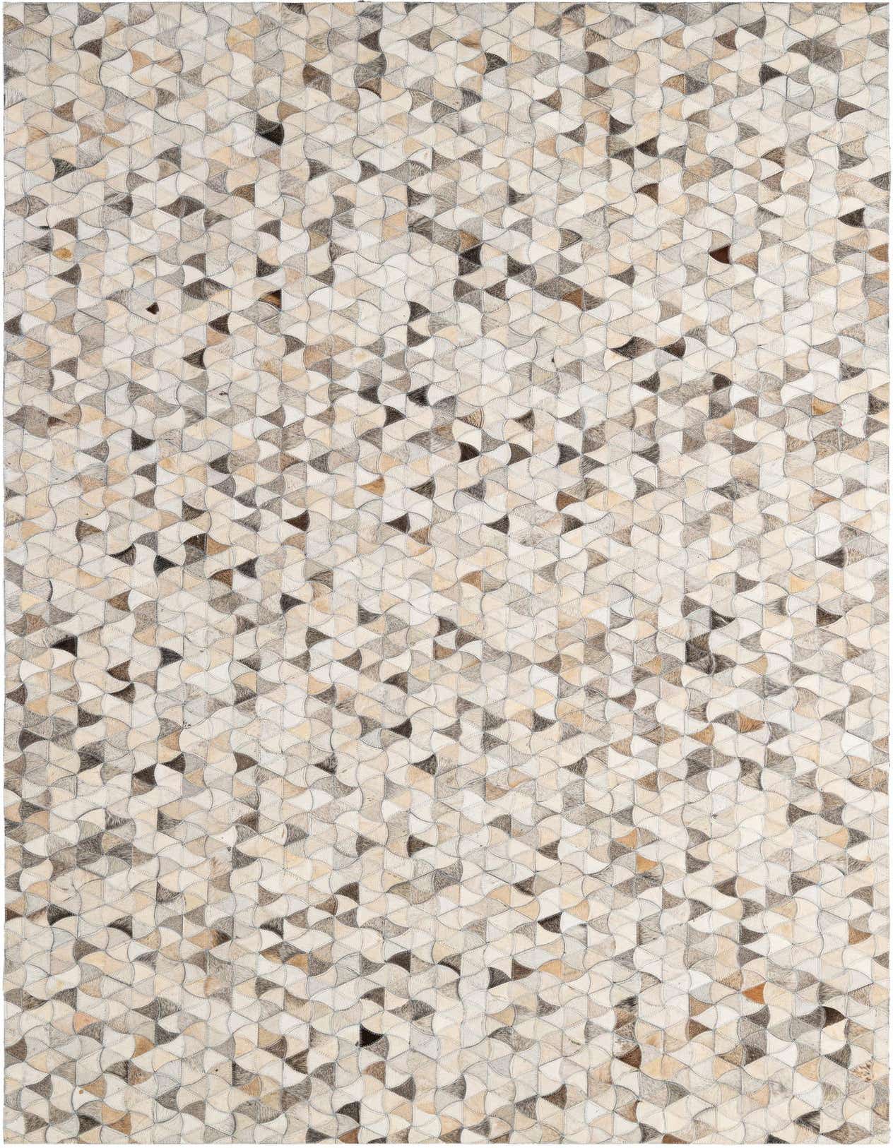 A 5x8 rectangular Cowhide Patchwork rug featuring a modern geometric pattern in shades of multi-colored natural cowhide.
