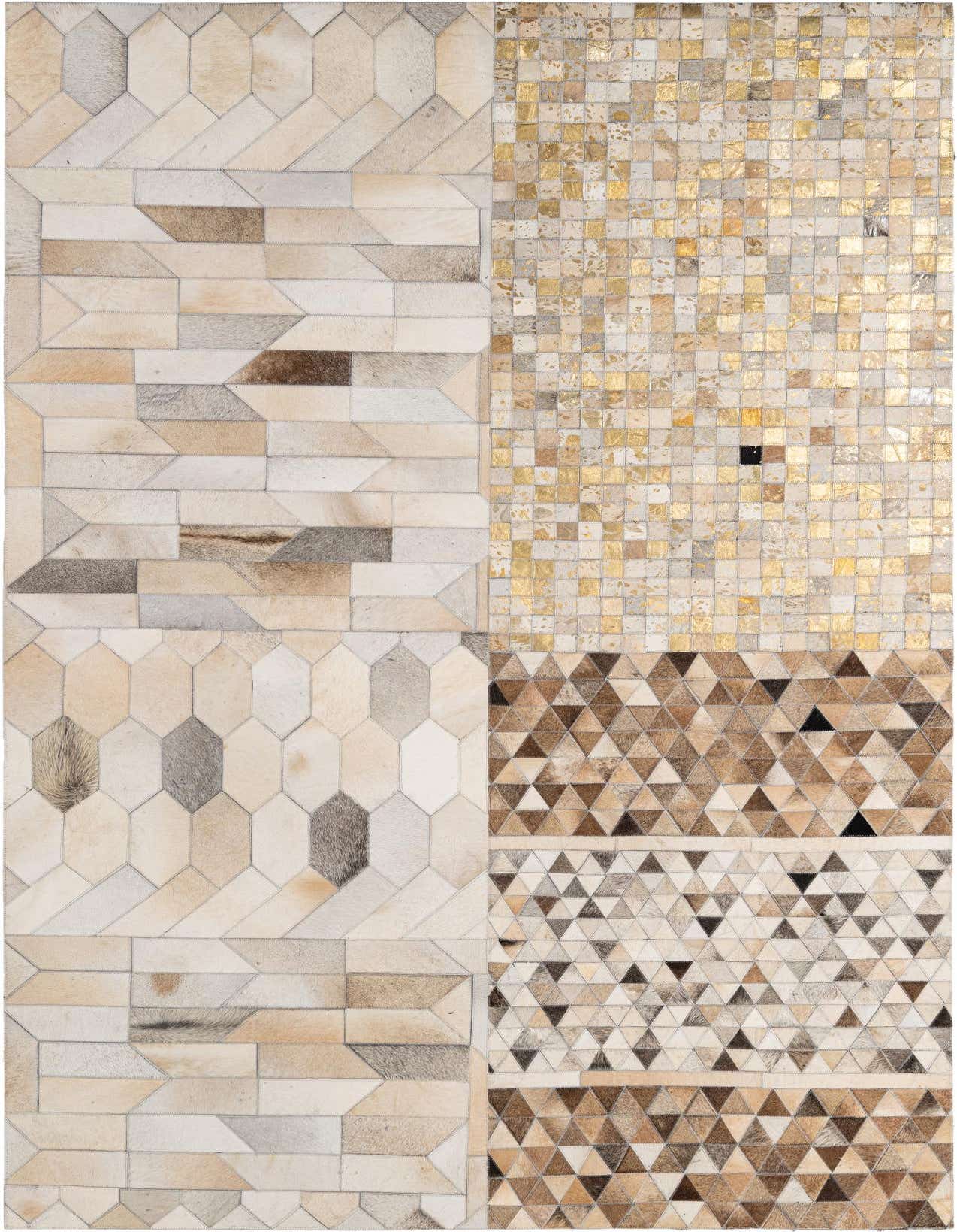 A 5x8 rectangular Cowhide Patchwork rug featuring a modern multi-colored geometric pattern with natural hide and metallic gold squares.