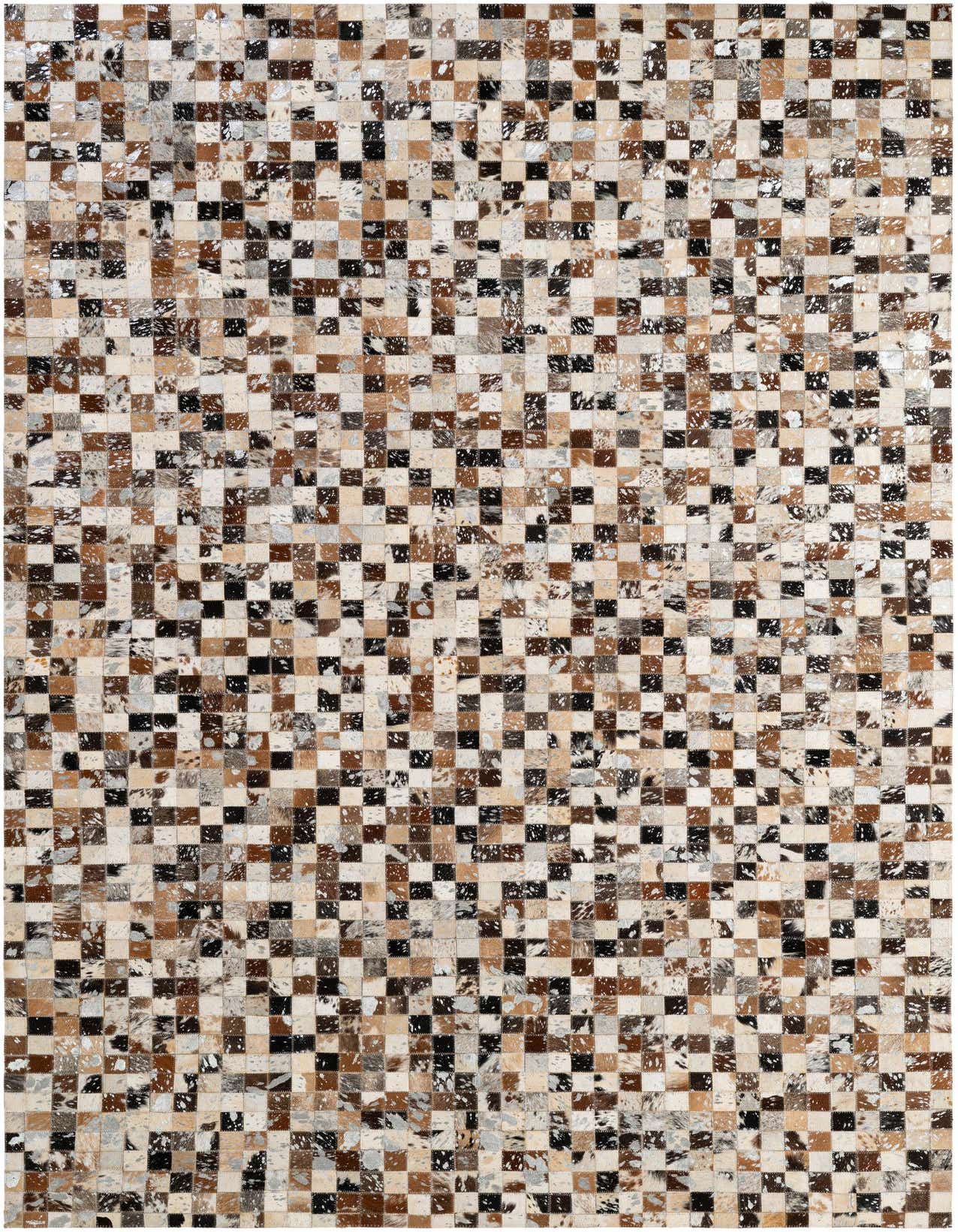 A rectangular 5x8 modern patchwork cowhide rug with multi-colored squares in shades of brown, black, and cream.
