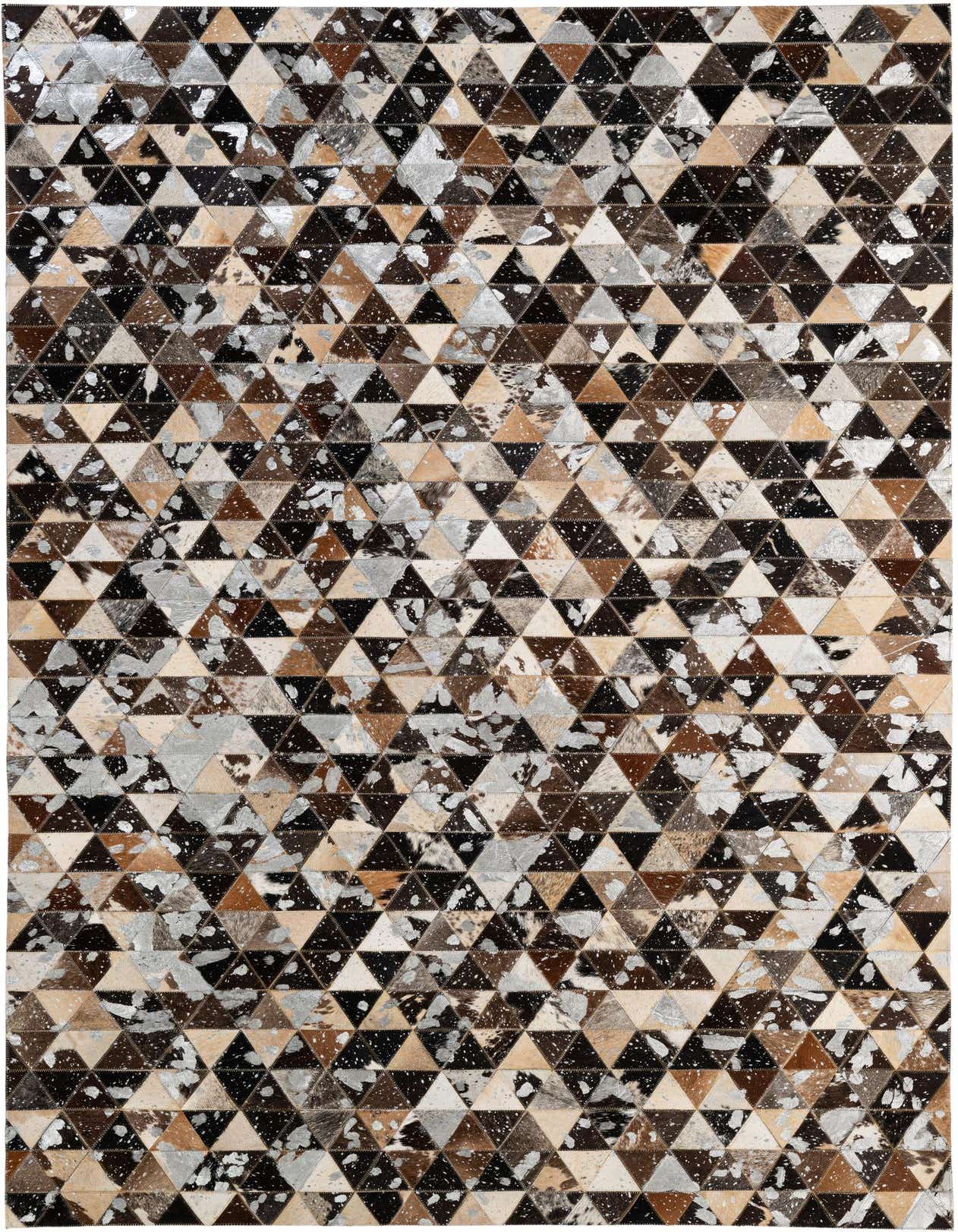 A 5x8 rectangular modern cowhide rug with a patchwork of multi-colored triangles in black, brown, cream, and silver tones.