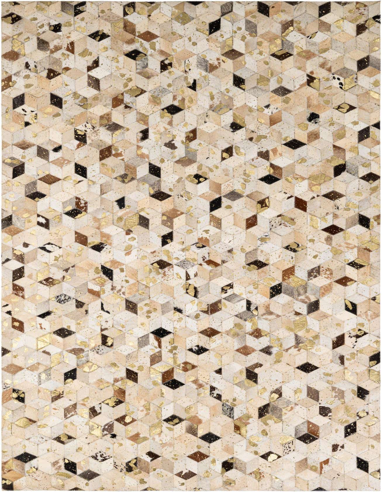 A 5x8 rectangular modern cowhide rug featuring a multi-colored geometric cube pattern with gold accents.