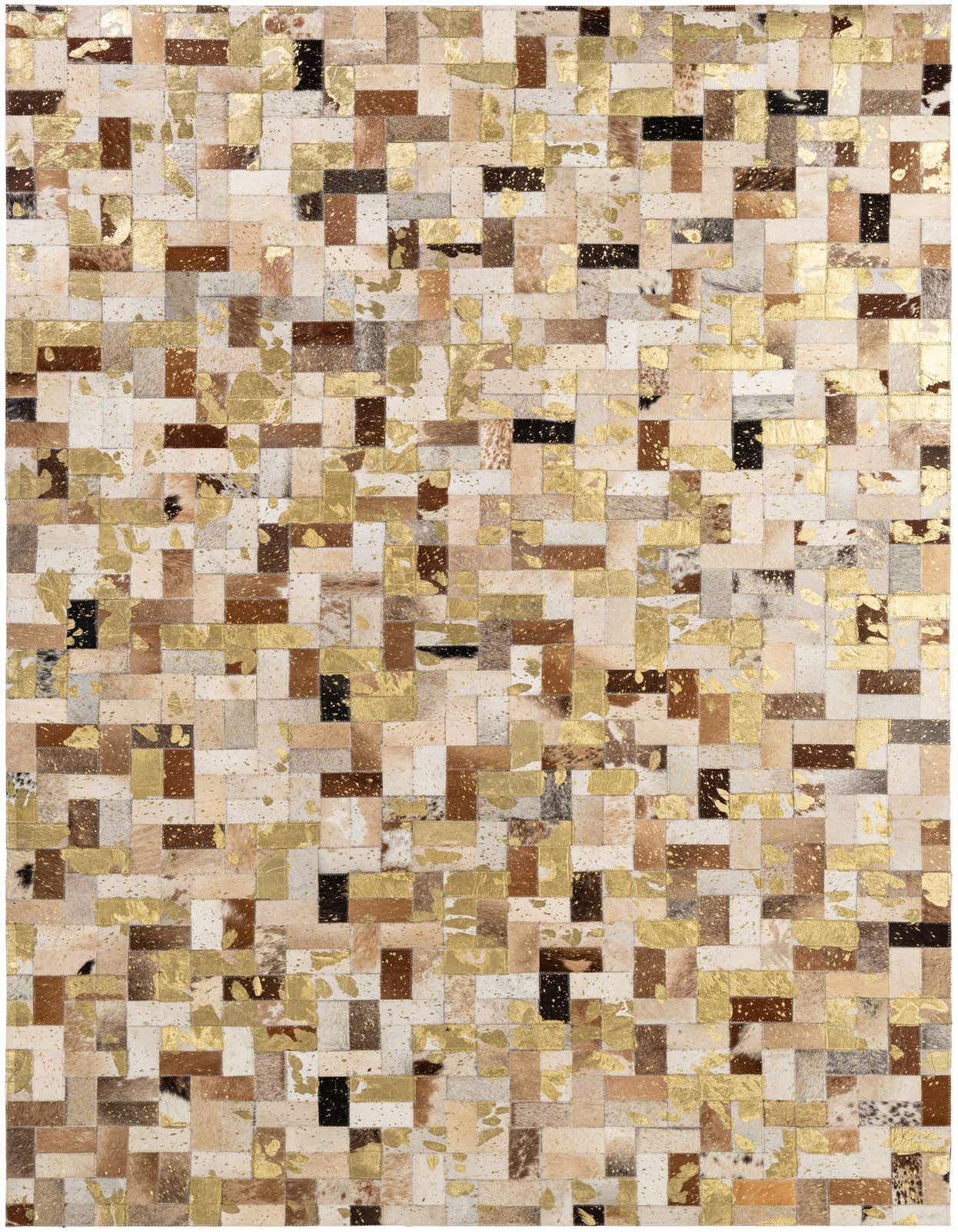 A rectangular 5x8 modern patchwork cowhide rug with multi-colored natural hide patches and metallic gold accents.