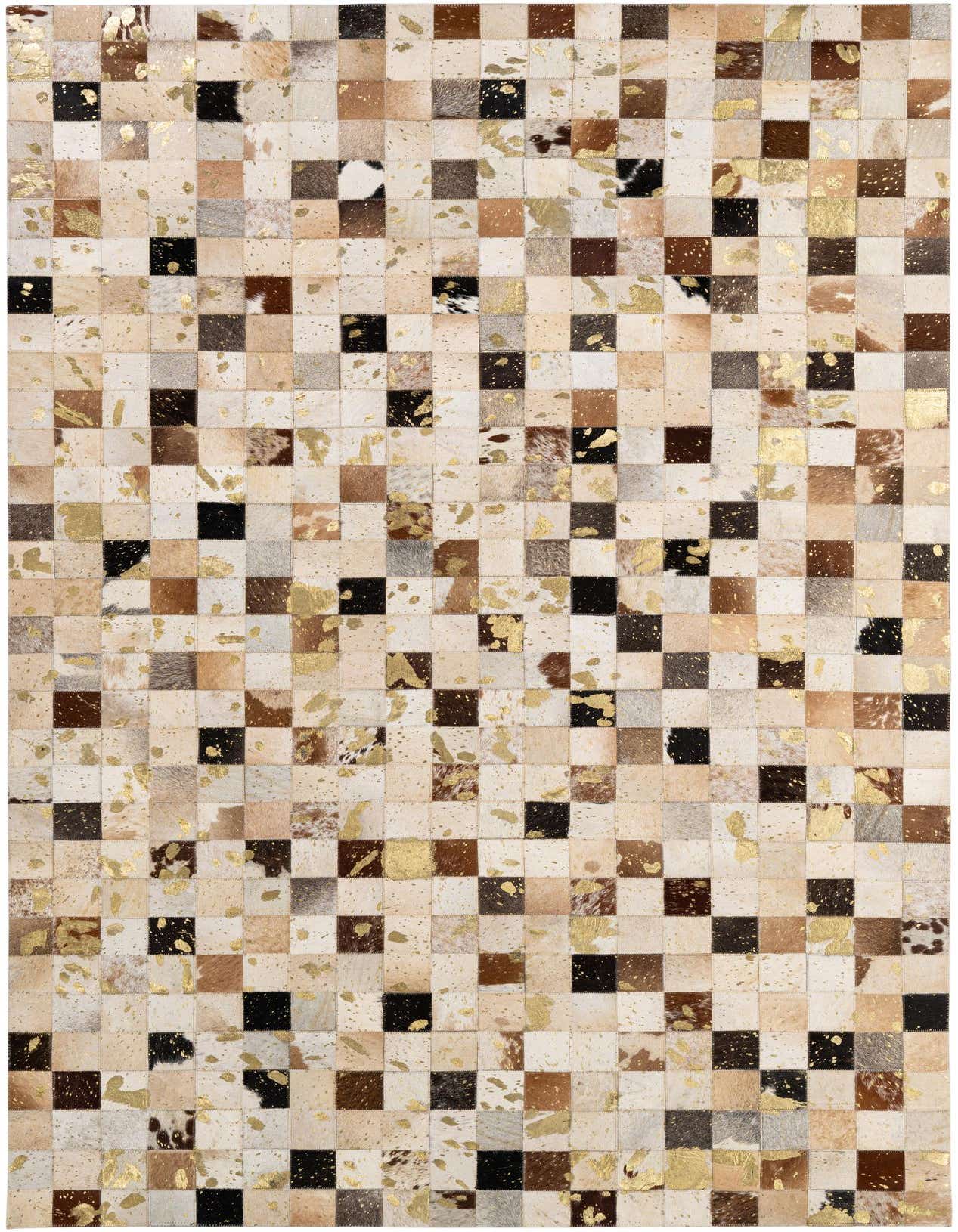 A rectangular 5x8 modern patchwork cowhide rug featuring multi-colored squares with gold metallic accents, ideal for a living room.