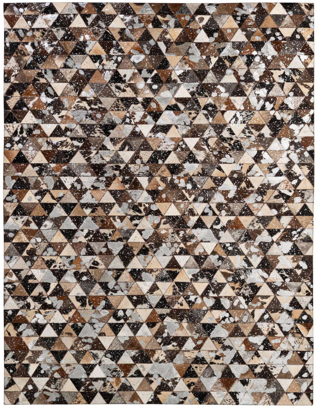 A 5x8 rectangular, multi-colored modern cowhide rug with a patchwork triangular pattern, suitable for a living room.