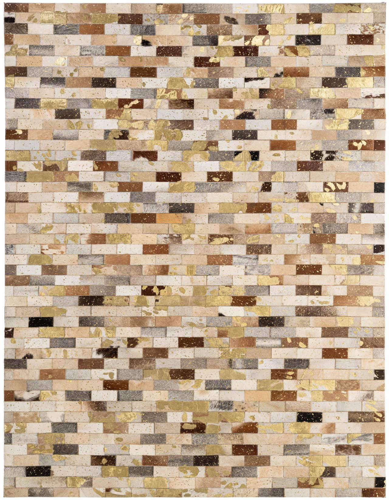 A 5x8 rectangular Cowhide - Patchwork rug featuring multi-colored cowhide squares with metallic gold accents, ideal for a modern living room.