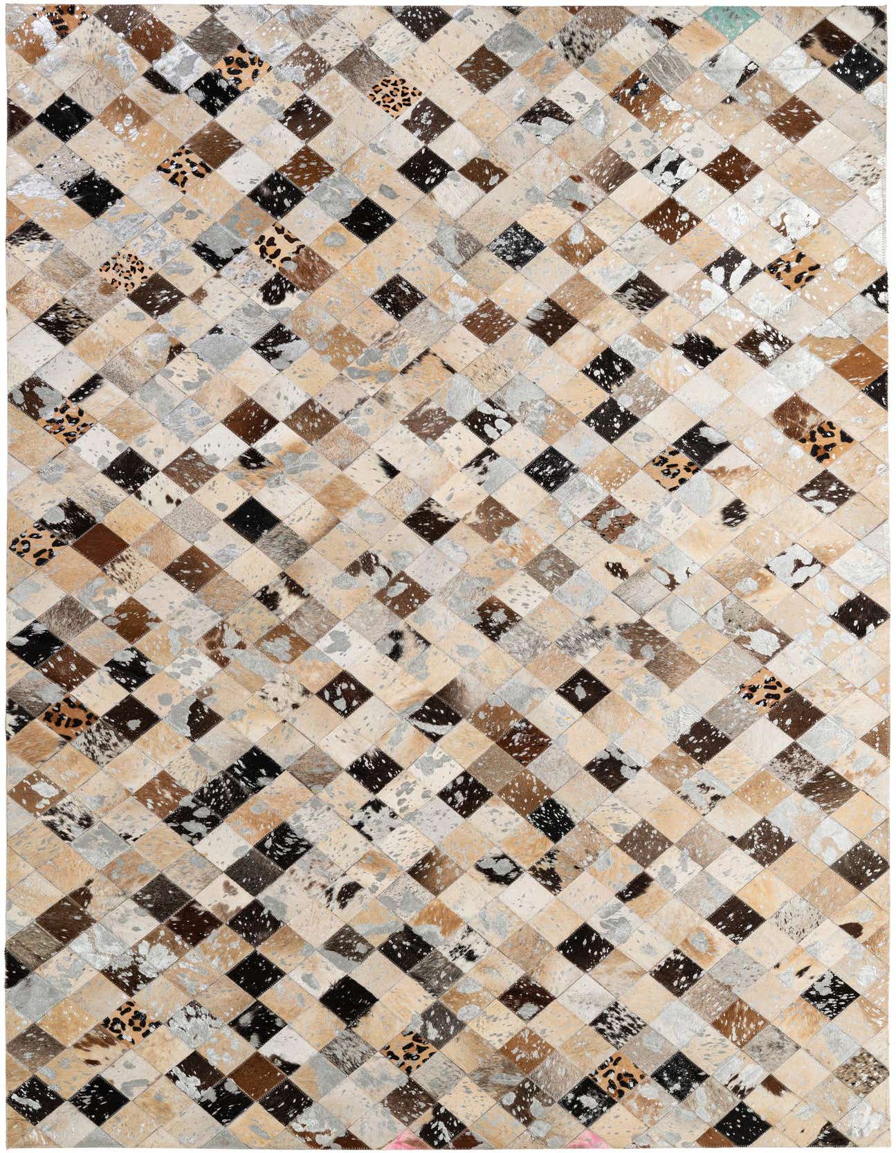 A 5x8 rectangular patchwork cowhide rug with multi-colored diamond-shaped pieces including natural browns, creams, black, gray, and leopard print.