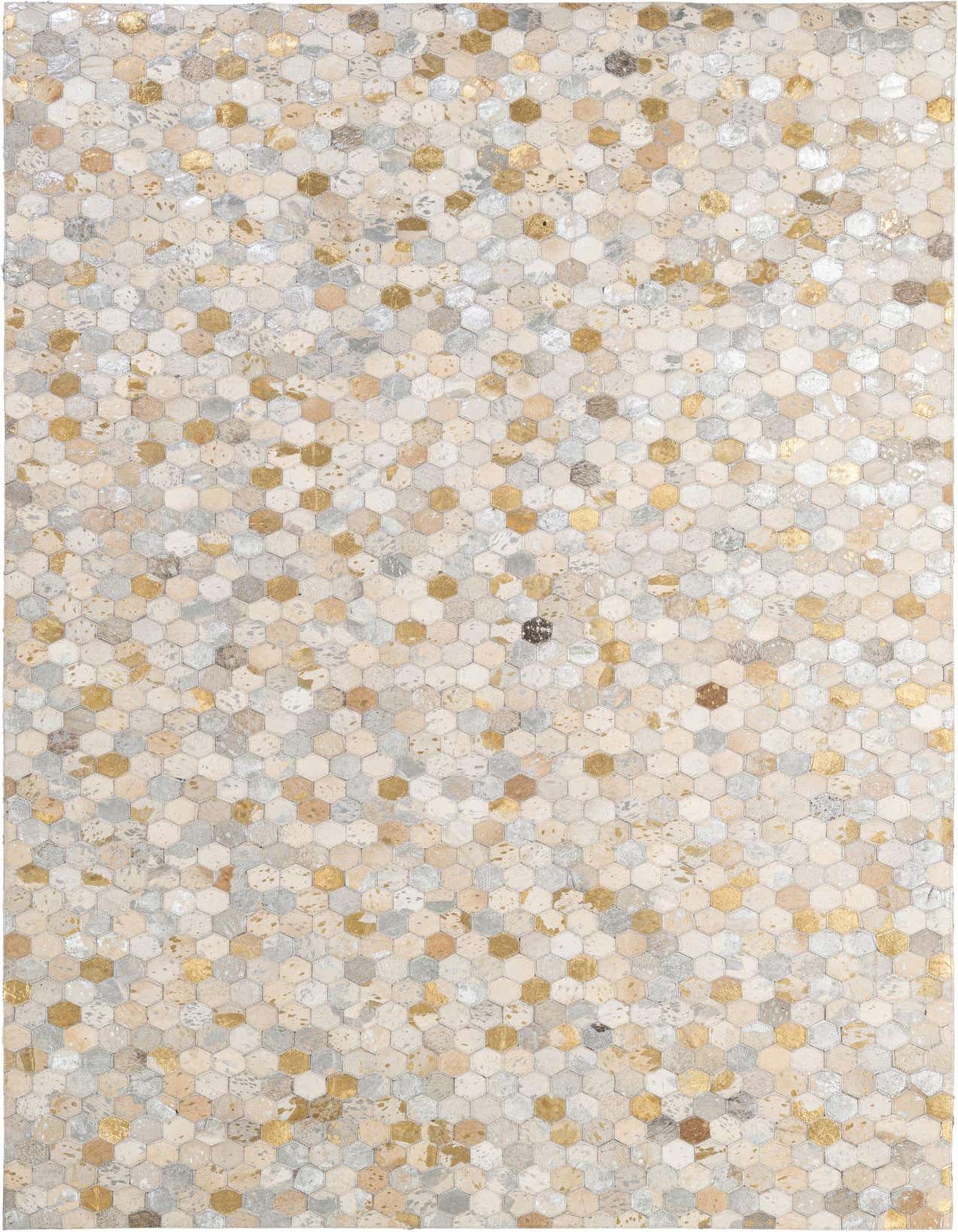 A 5x8 rectangular Cowhide - Patchwork rug featuring a modern honeycomb pattern in multi-colored hues with gold accents.