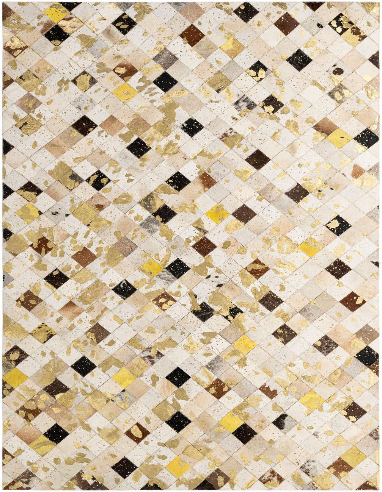 A 5x8 rectangular Cowhide Patchwork rug featuring multi-colored diamond-shaped patches in white, brown, black, and yellow, with metallic gold accents.