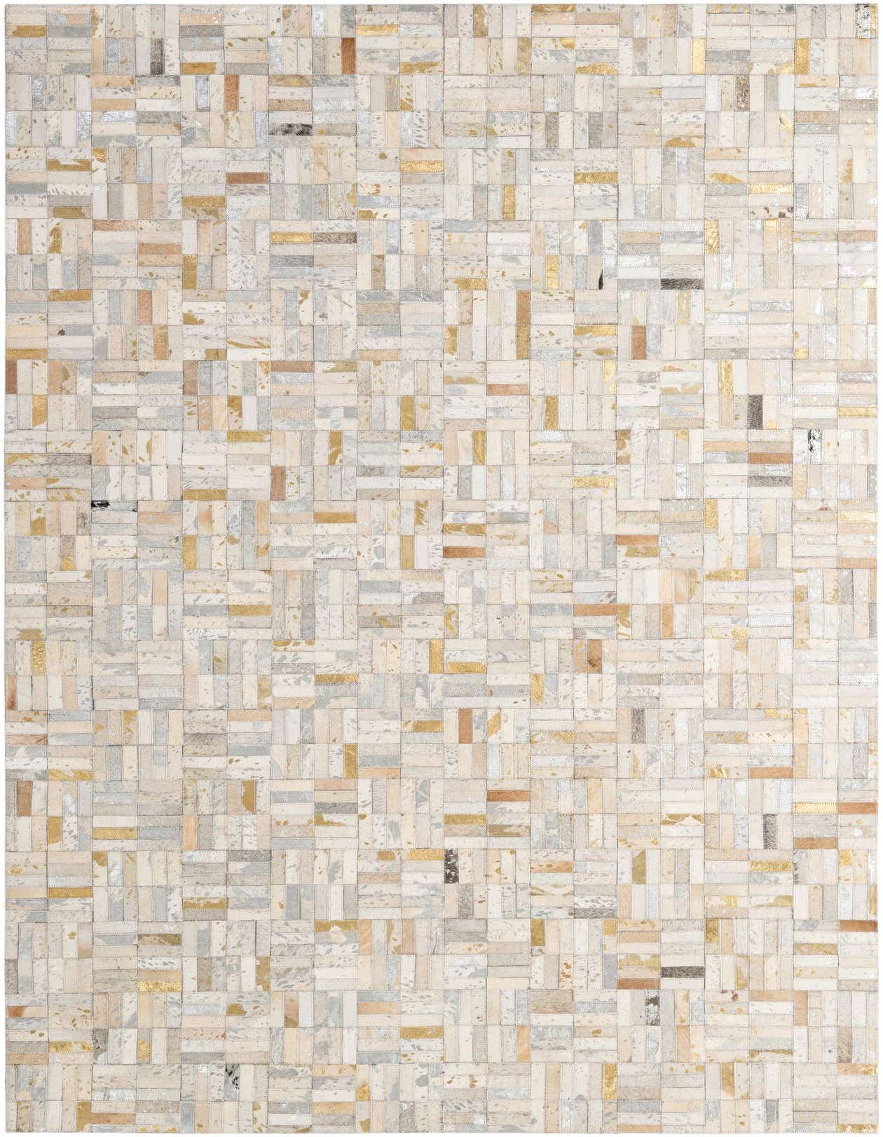 A rectangular 5x8 modern patchwork cowhide rug with multi-colored rectangular pieces in shades of cream, beige, grey, and metallic gold.