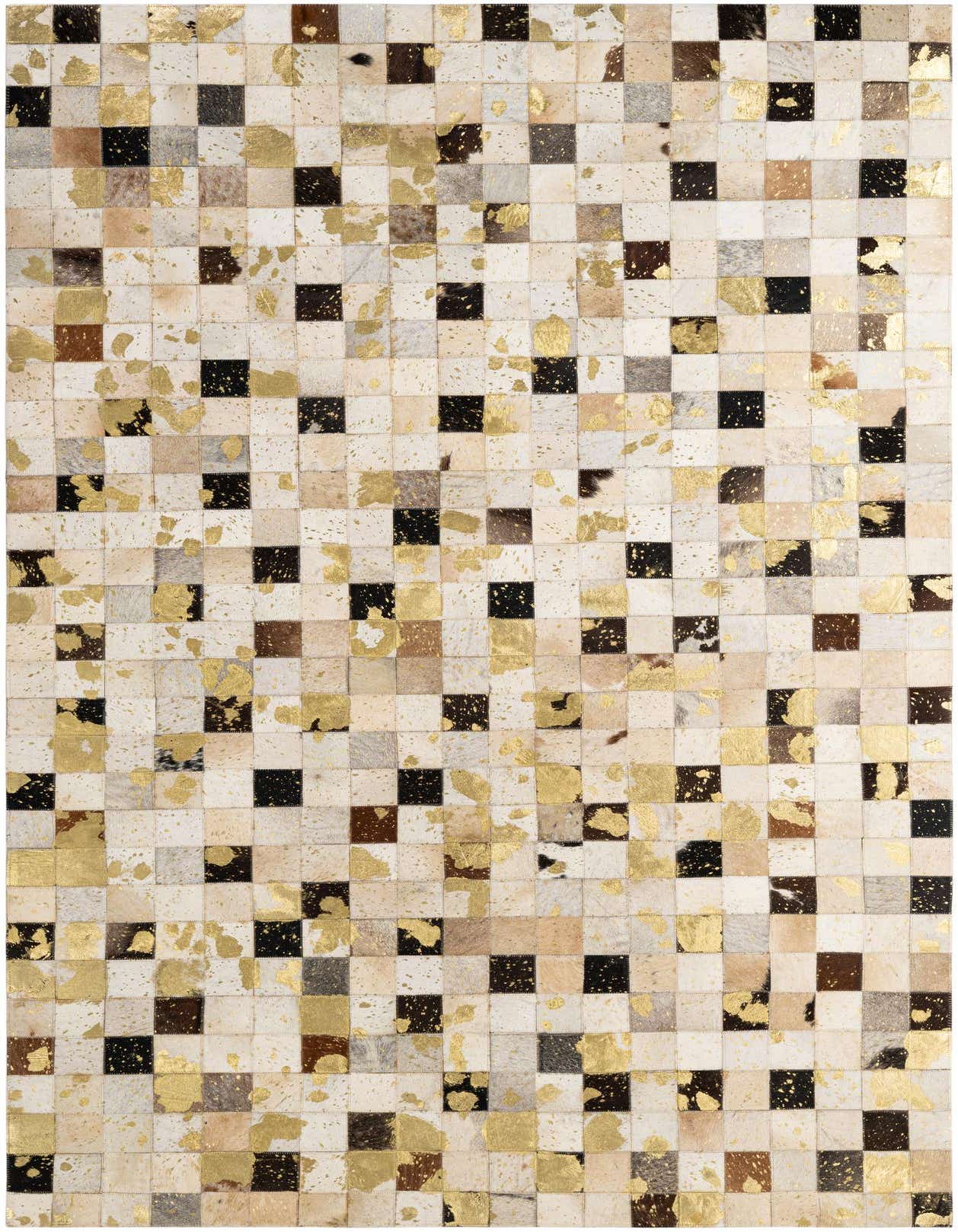 A 5x8 rectangular modern cowhide rug featuring a patchwork of multi-colored squares with gold metallic accents.