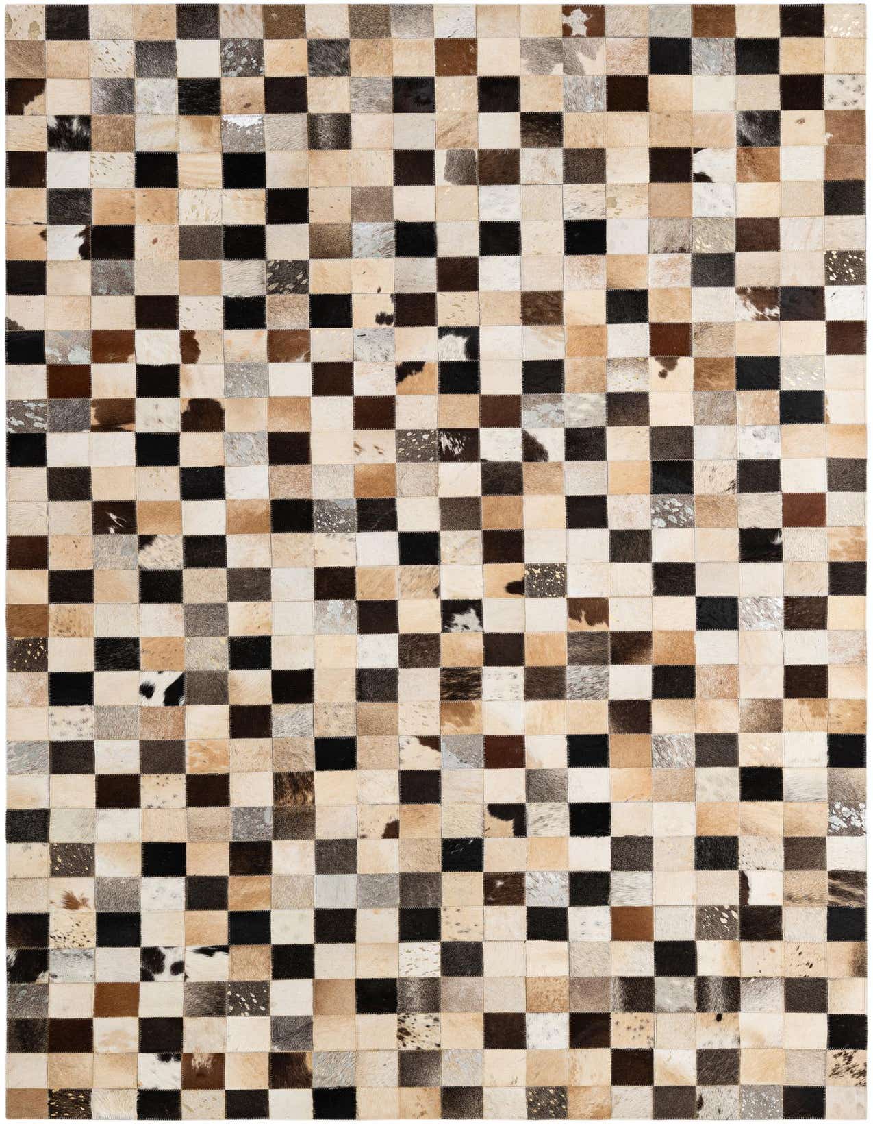 A 5x8 rectangular patchwork cowhide rug with a modern multi-colored checkerboard pattern, featuring shades of brown, black, beige, and white.