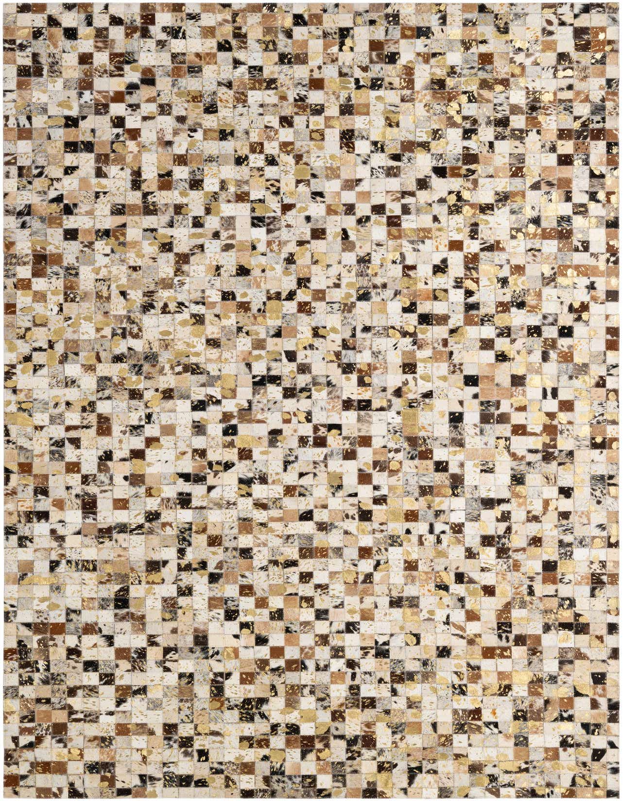 A 5x8 rectangular patchwork cowhide rug featuring a modern pattern of multi-colored squares with metallic gold accents.