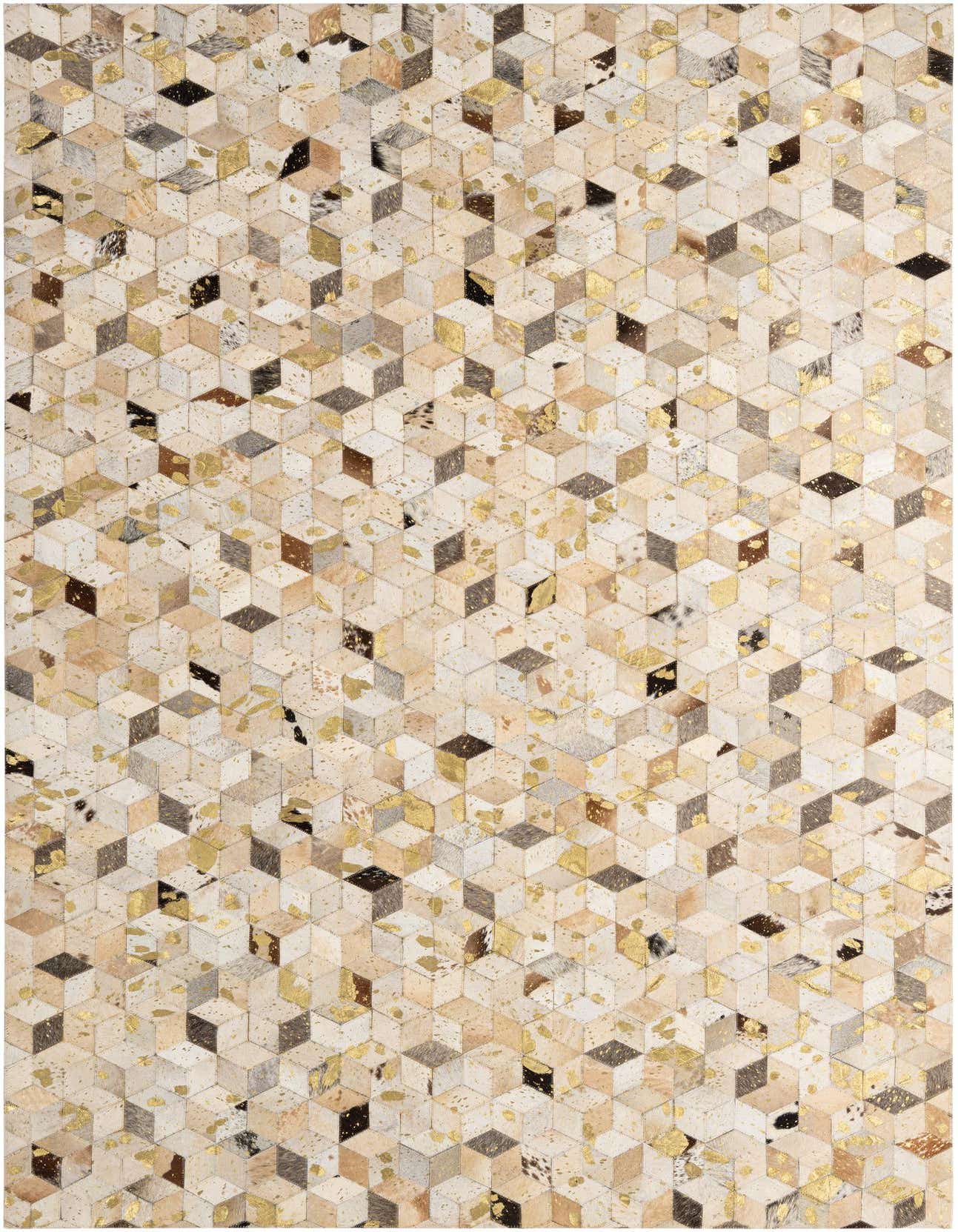 A rectangular 5x8 modern cowhide rug featuring a multi-colored geometric cube pattern with gold accents, ideal for a living room.