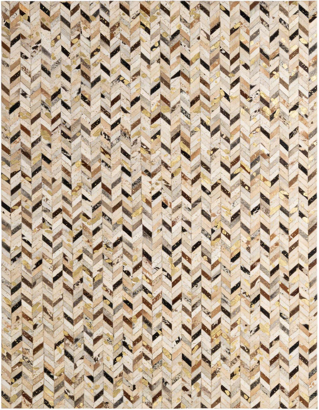 A rectangular 5x8 Cowhide Patchwork rug featuring a modern chevron pattern in multi-colored natural cowhide and metallic gold accents.