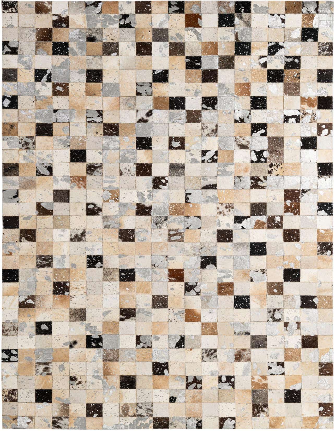 A 5x8 rectangular, multi-colored patchwork cowhide rug with squares of black, brown, beige, and metallic silver, perfect for a modern living room.