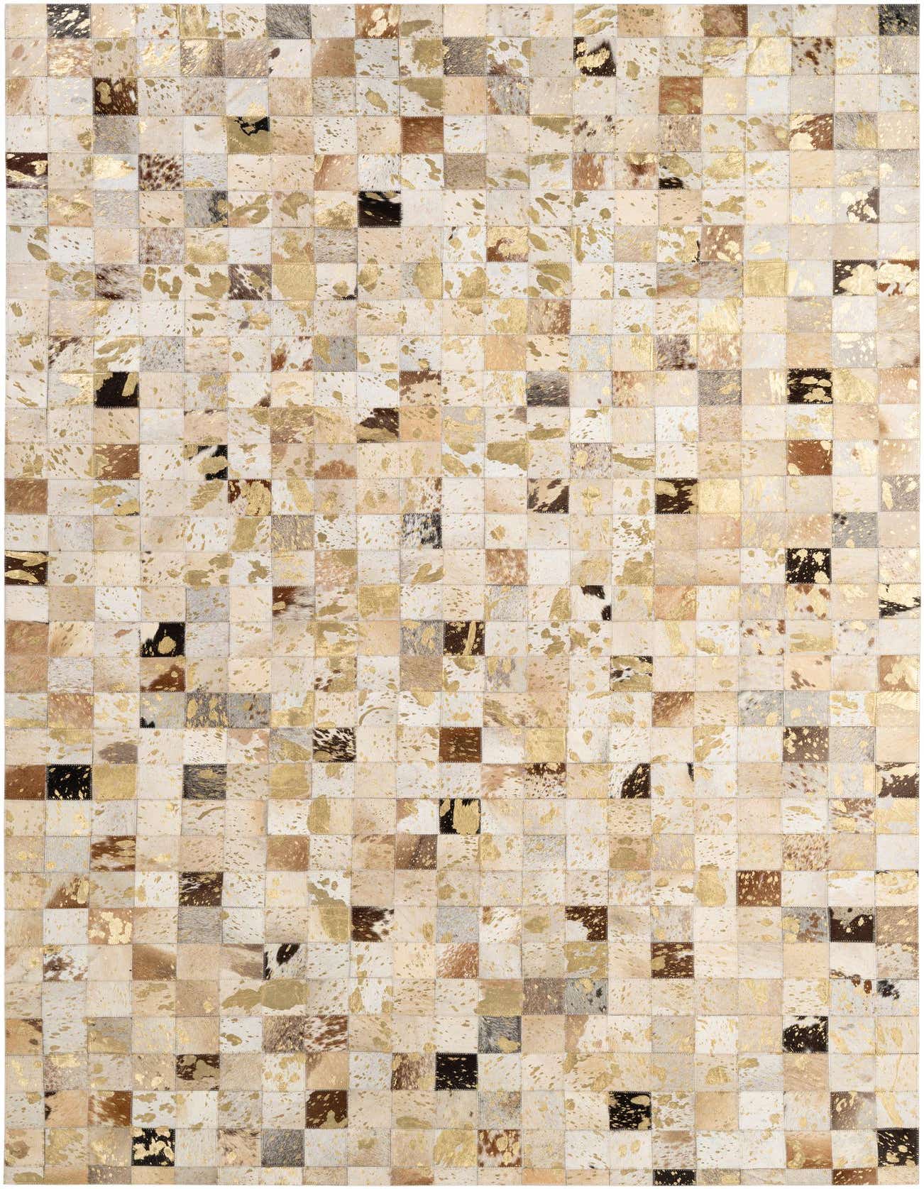 A 5x8 rectangular Cowhide - Patchwork rug featuring multi-colored squares with natural hide patterns and metallic gold accents.