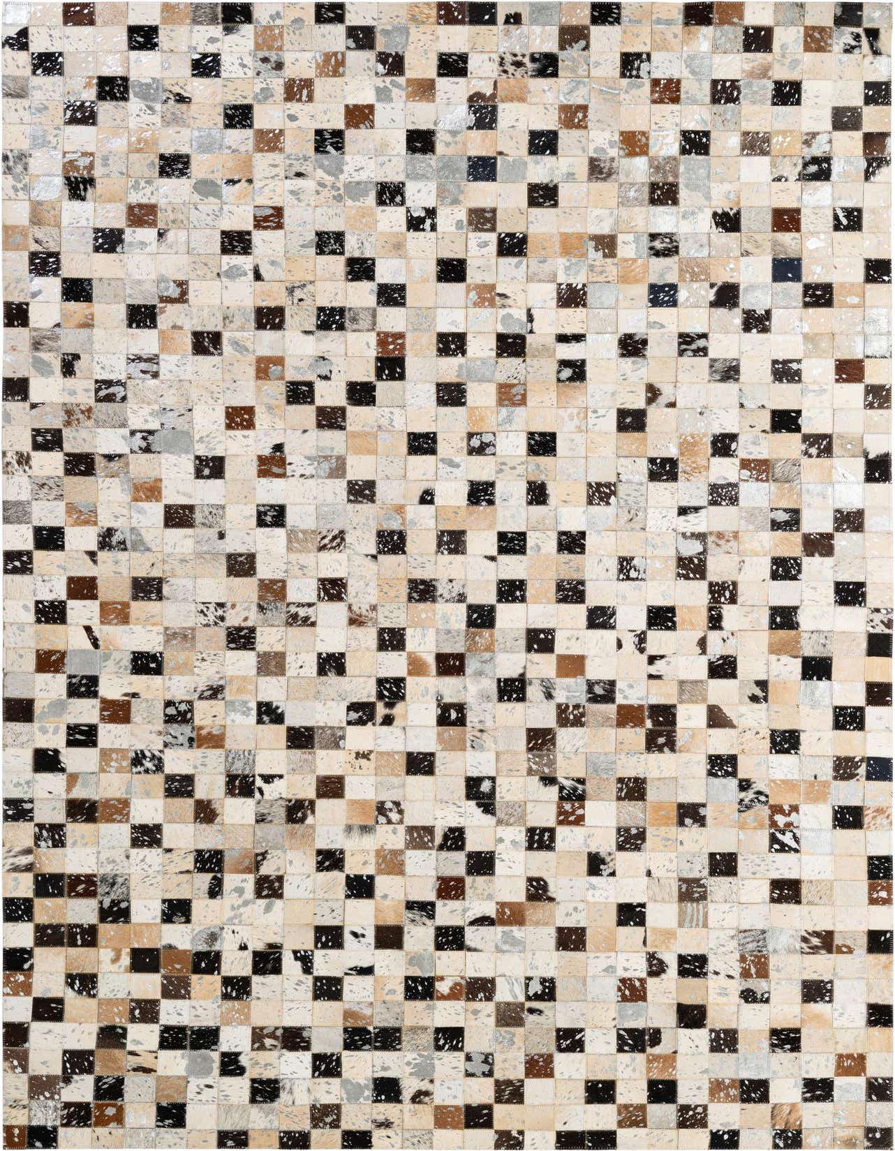 A 5x8 rectangular Cowhide Patchwork rug featuring a modern multi-colored design with varying shades of brown, black, white, and grey squares.