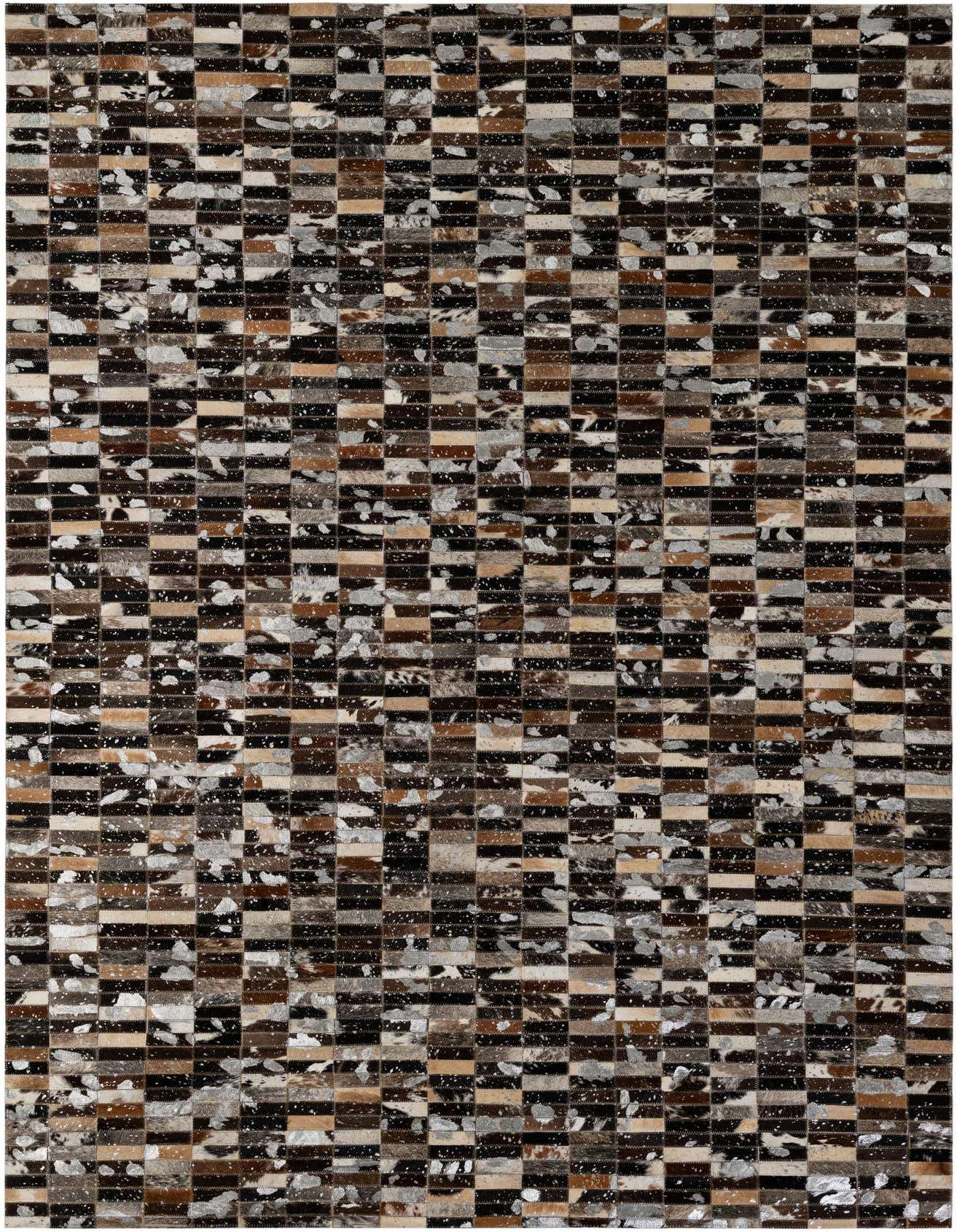 A 5x8 rectangular Cowhide - Patchwork rug featuring a modern stripe pattern in multi-colored natural cowhide and leather, ideal for a living room.