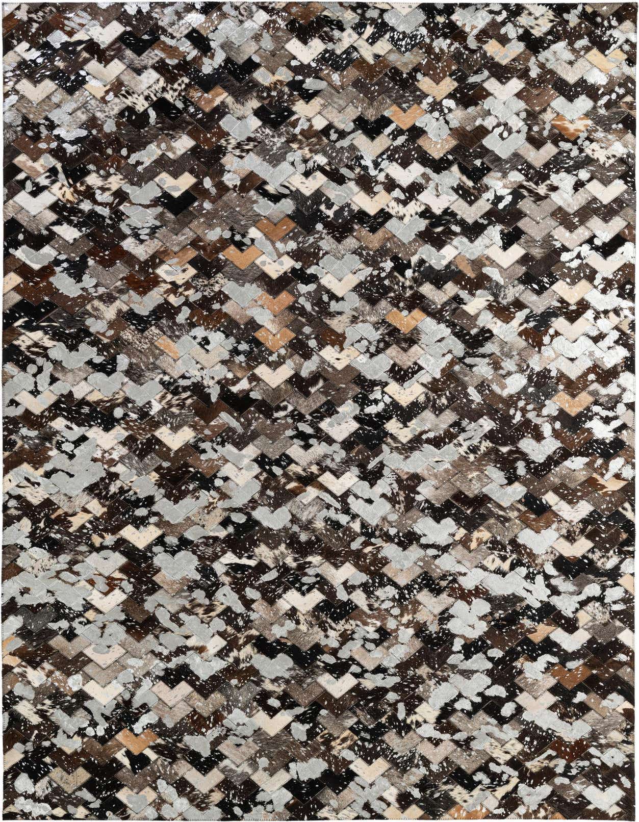 A 5x8 rectangular Cowhide Patchwork rug featuring a modern geometric pattern in multi-colored shades of brown, black, white, and grey.