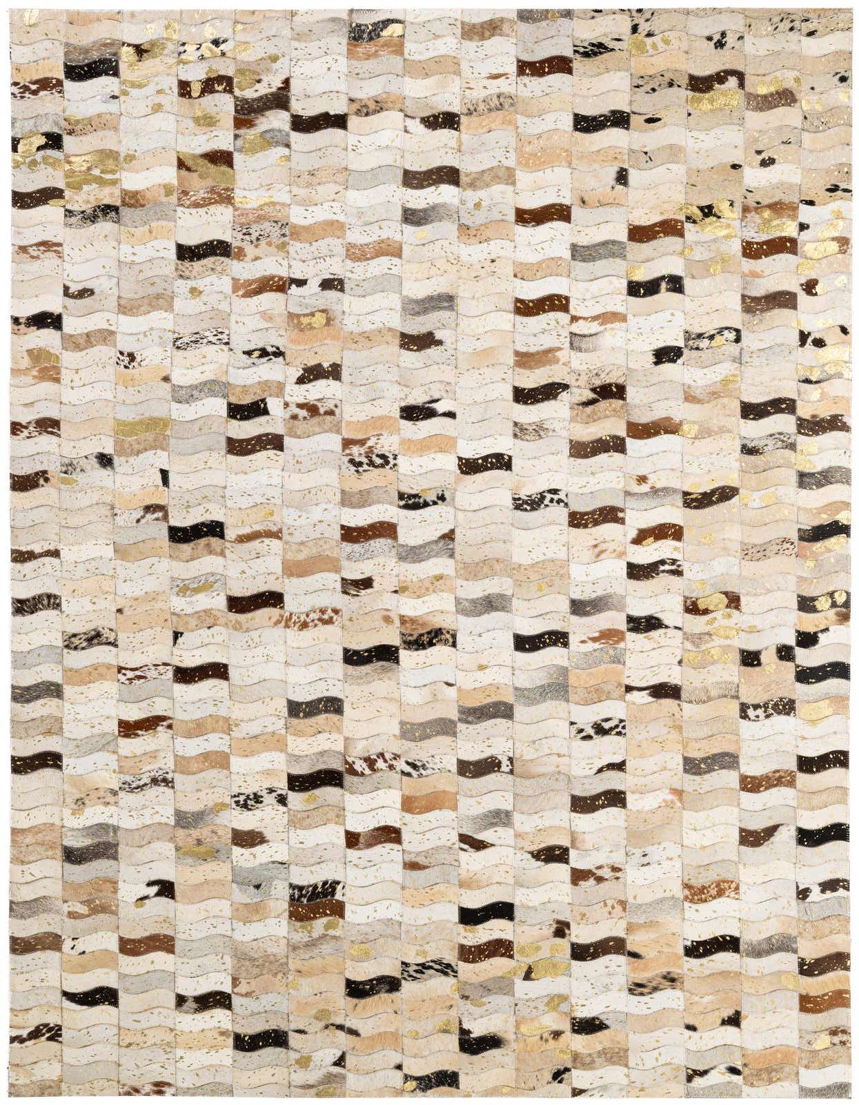 A rectangular 5x8 multi-colored cowhide rug featuring a modern stripe patchwork design with natural hide variations and metallic gold accents.