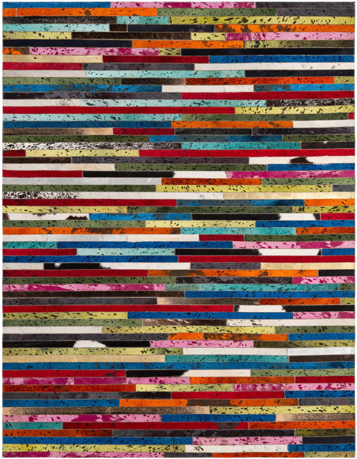 A vibrant 5x8 rectangular patchwork cowhide rug featuring horizontal stripes in various bright colors and natural hide patterns.