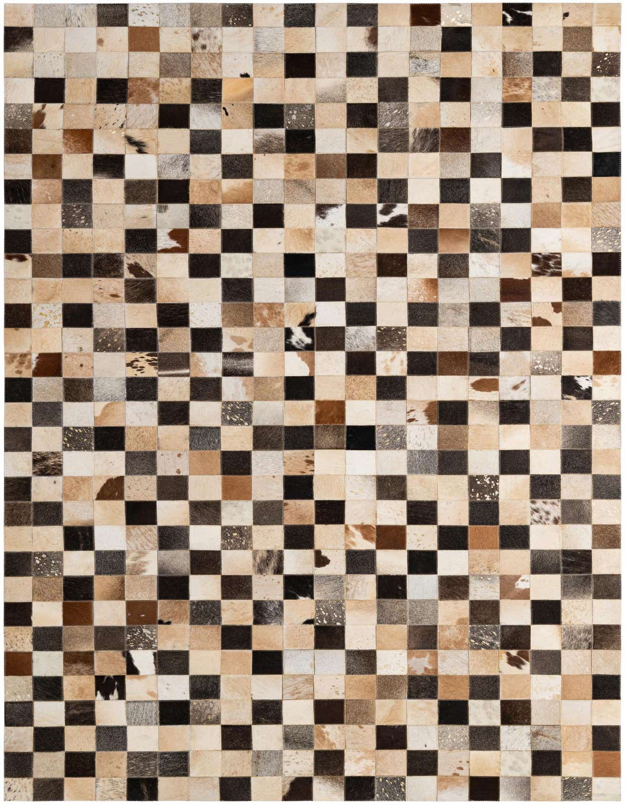 A 5x8 rectangular cowhide patchwork rug featuring a modern checkerboard pattern in multi-colored natural tones.