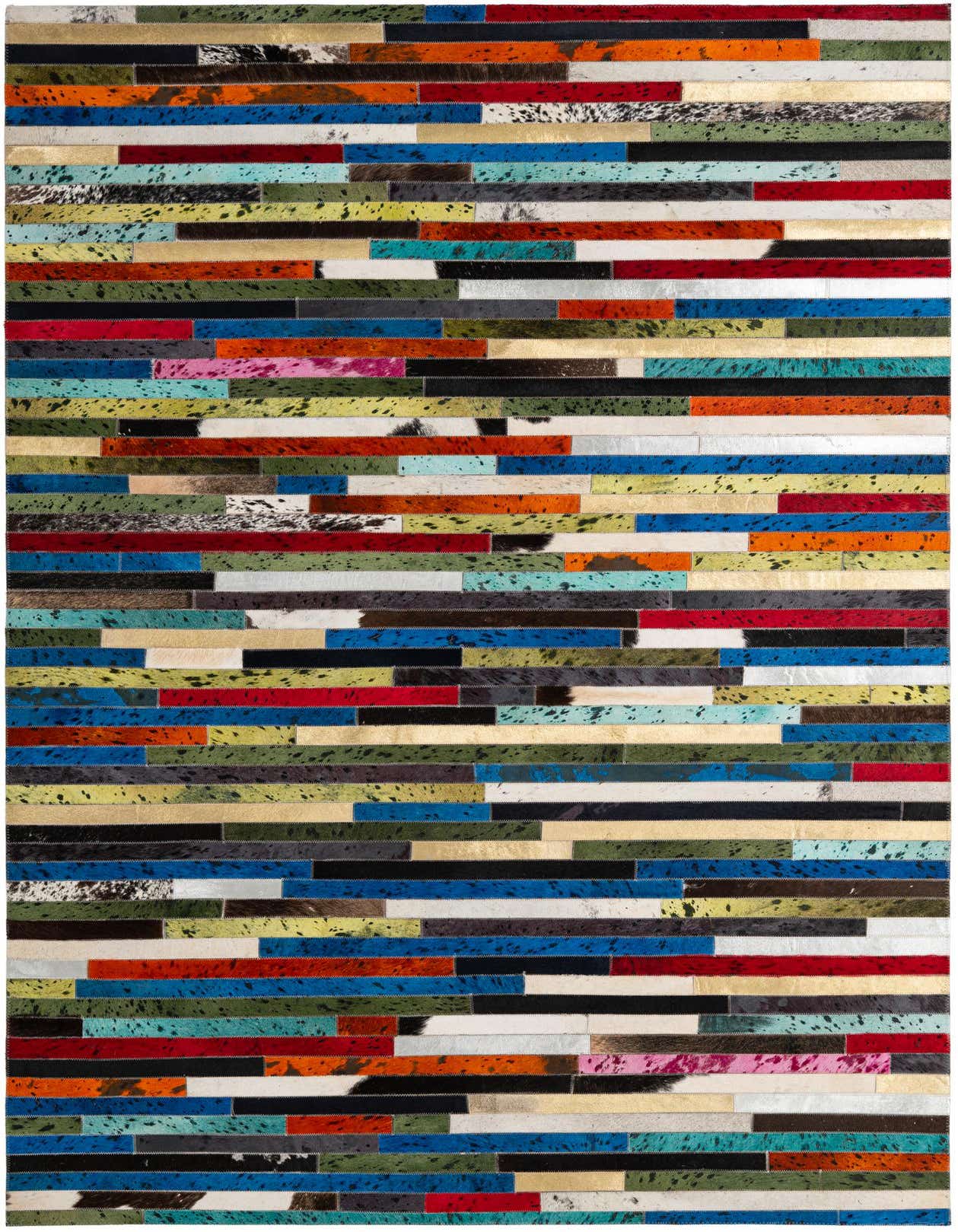 A 5x8 rectangular multi-colored patchwork cowhide rug, featuring horizontal strips of various colors and textures, suitable for a modern living room.